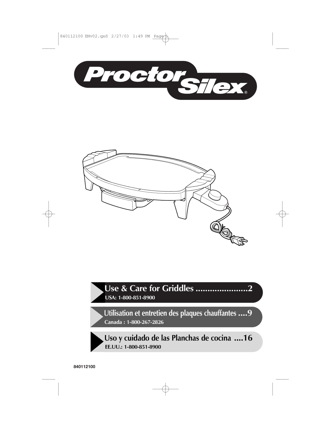 Proctor-Silex 840112100 manual Use & Care for Griddles 