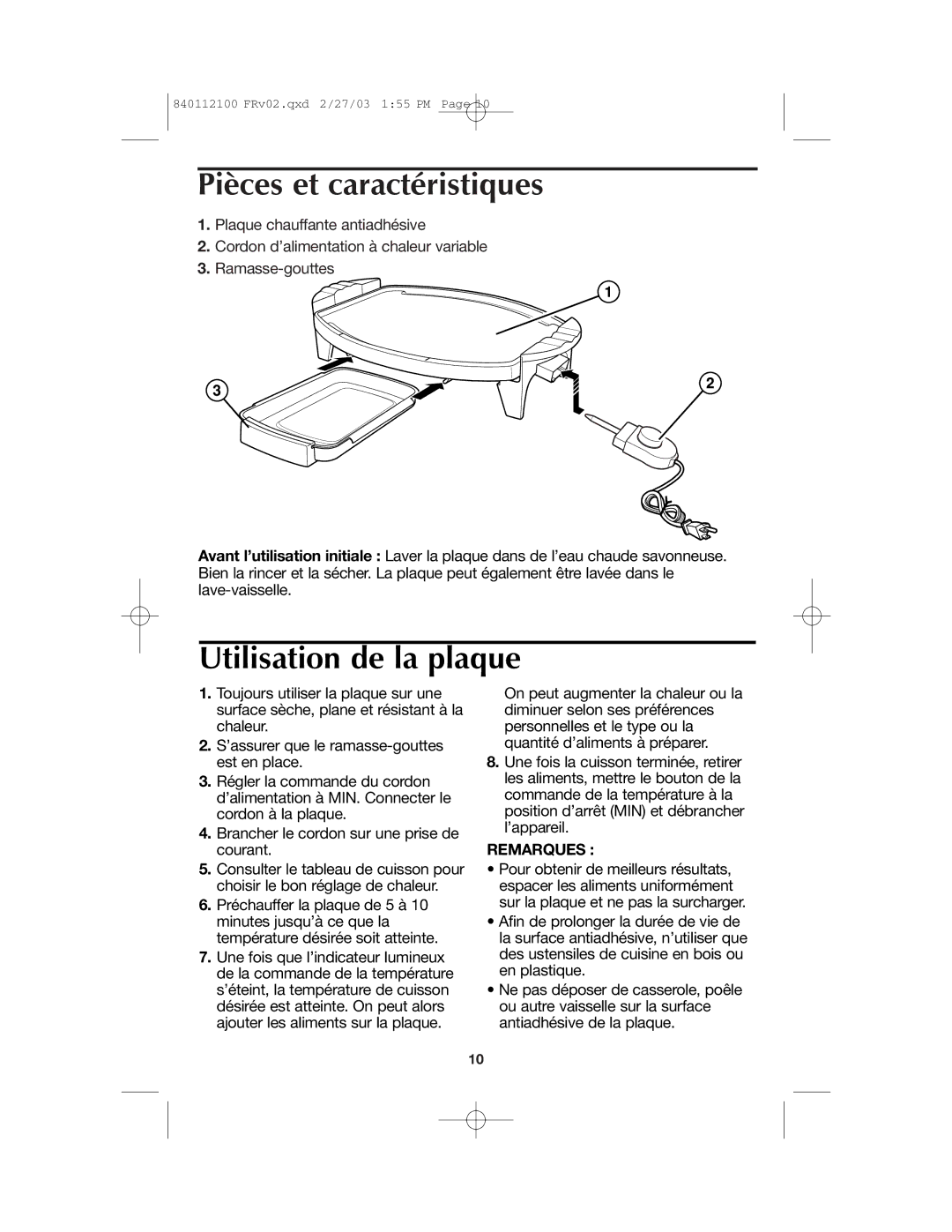 Proctor-Silex 840112100 manual Pièces et caractéristiques, Utilisation de la plaque 