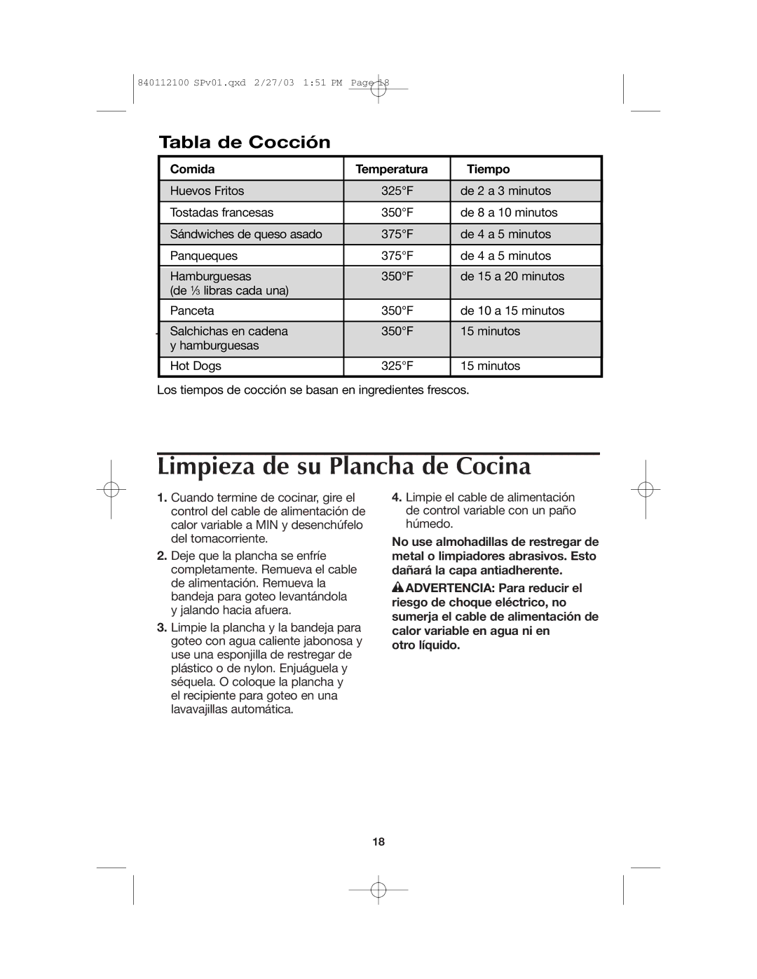 Proctor-Silex 840112100 manual Limpieza de su Plancha de Cocina, Tabla de Cocción, Comida Temperatura Tiempo 