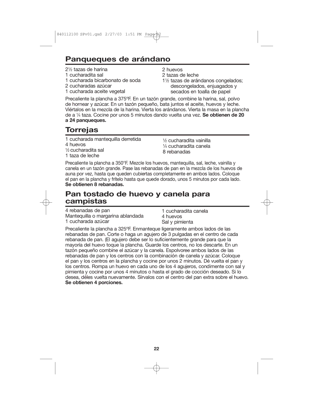 Proctor-Silex 840112100 manual Panqueques de arándano, Torrejas, Pan tostado de huevo y canela para campistas 