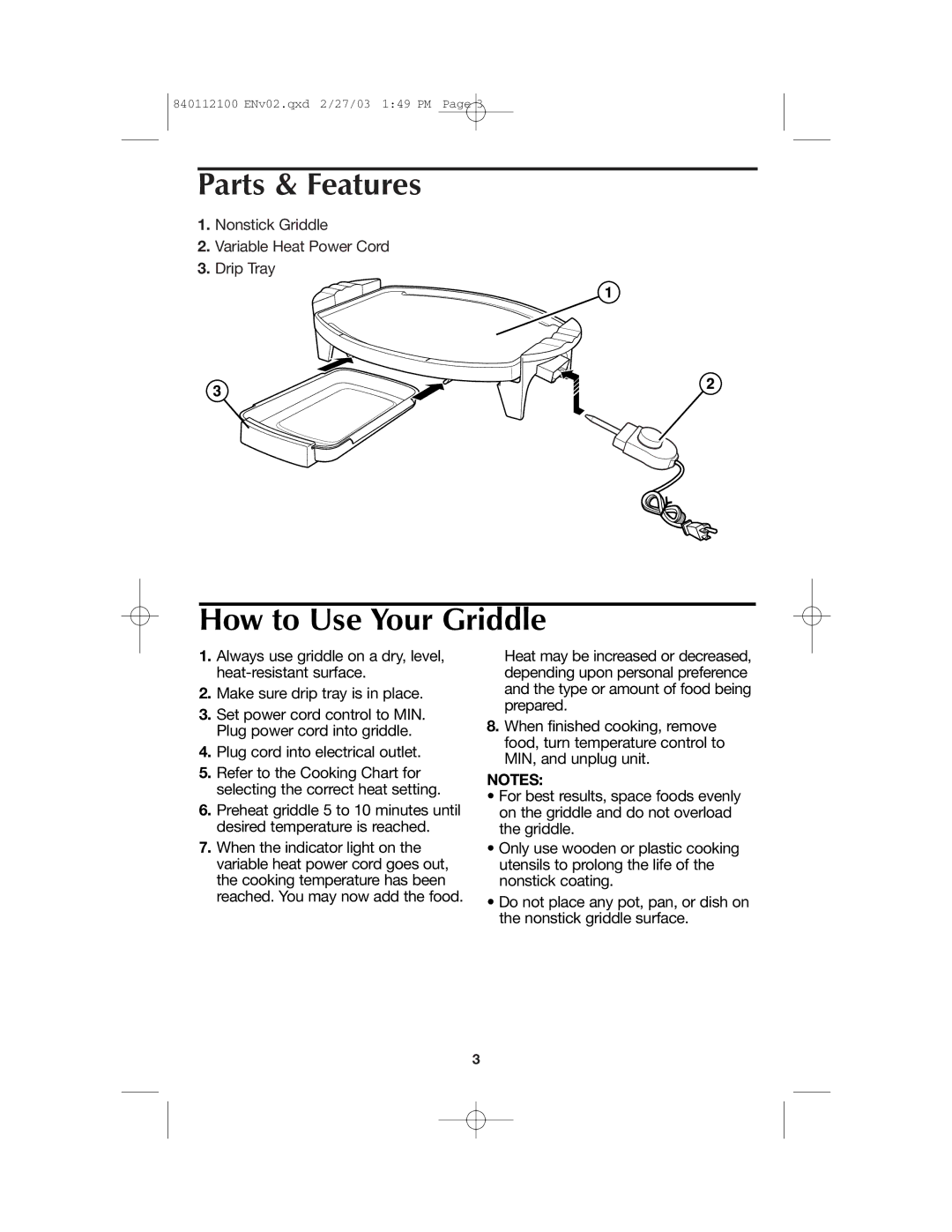 Proctor-Silex 840112100 manual Parts & Features, How to Use Your Griddle 