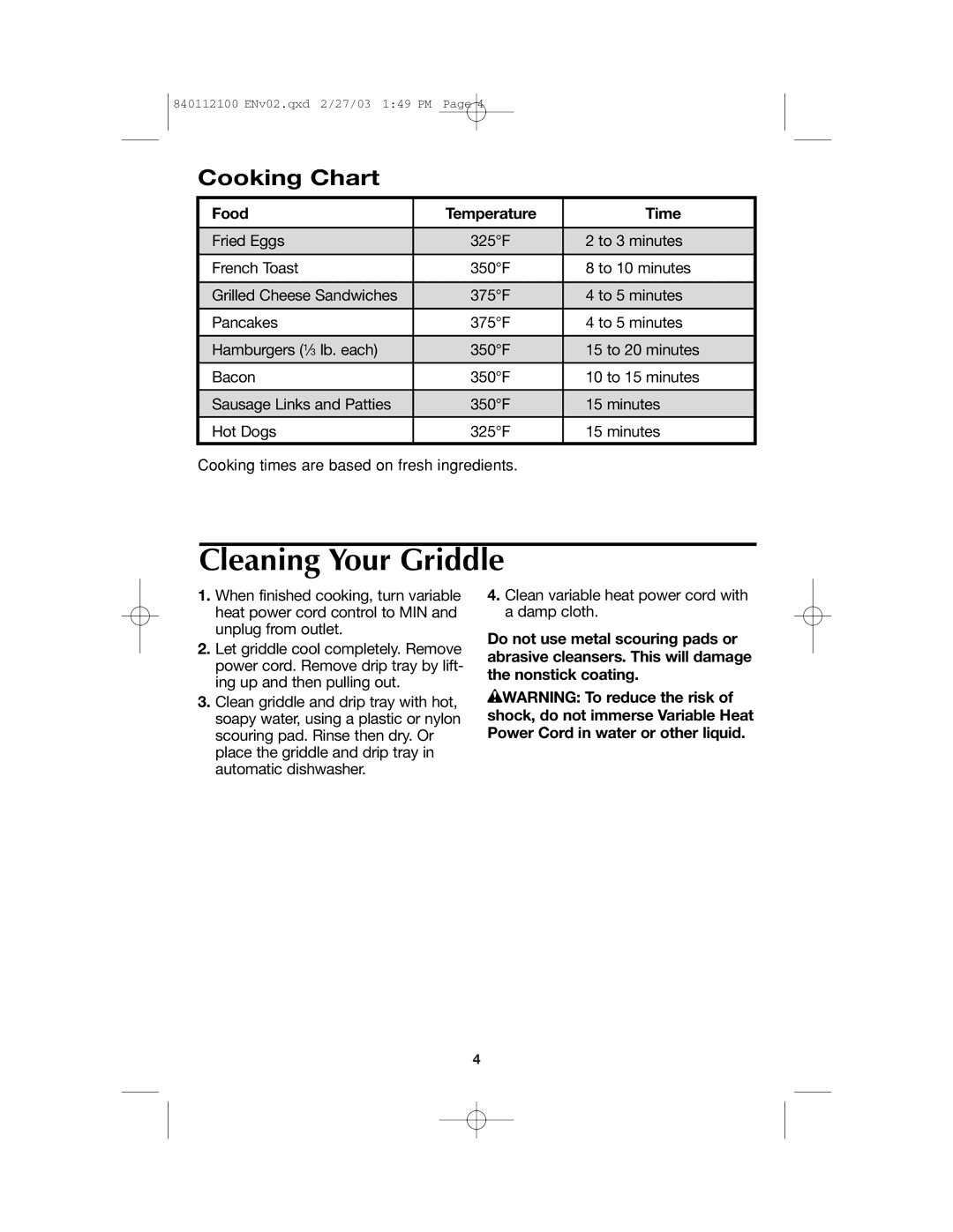 Proctor-Silex 840112100 manual Cleaning Your Griddle, Cooking Chart, Food Temperature Time 