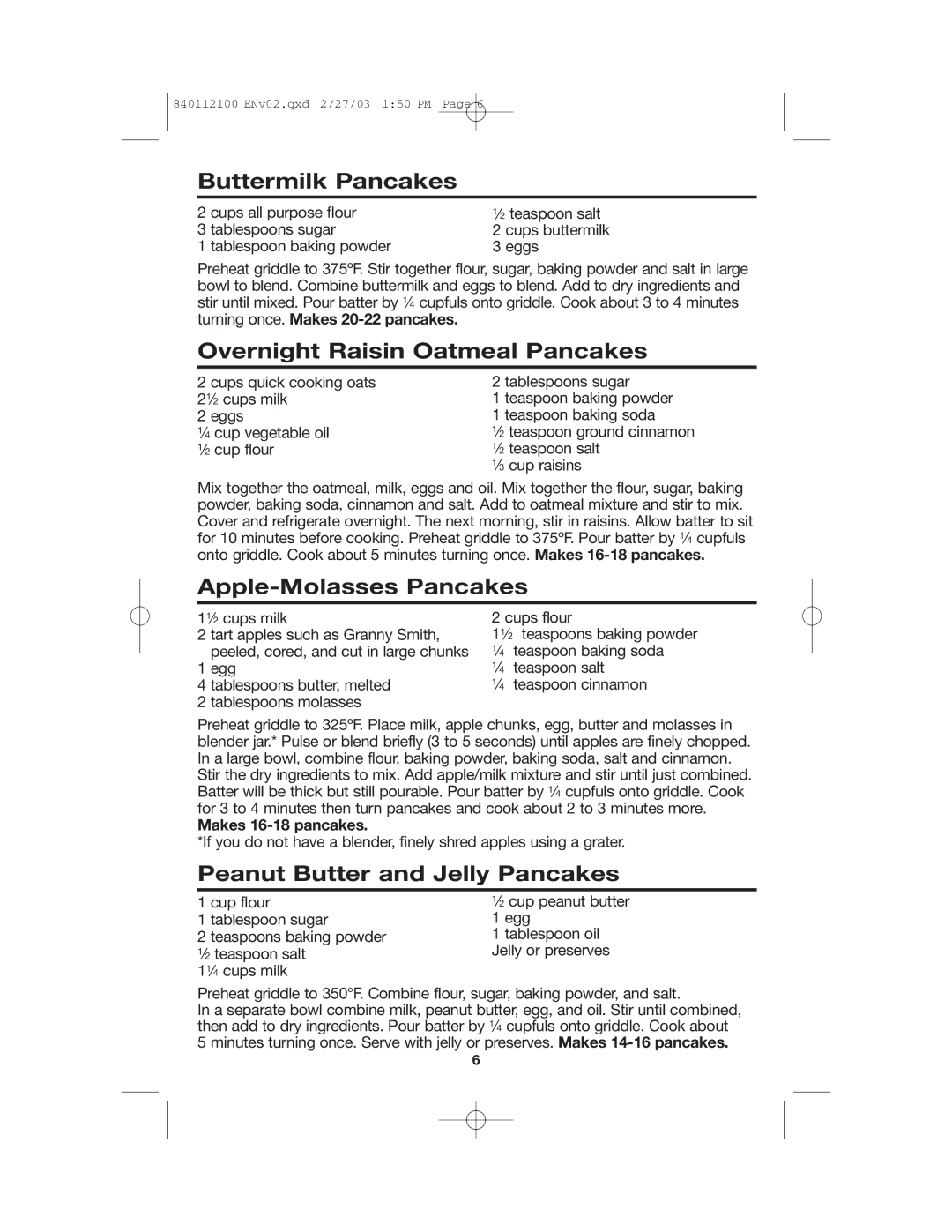 Proctor-Silex 840112100 manual Buttermilk Pancakes, Overnight Raisin Oatmeal Pancakes, Apple-Molasses Pancakes 