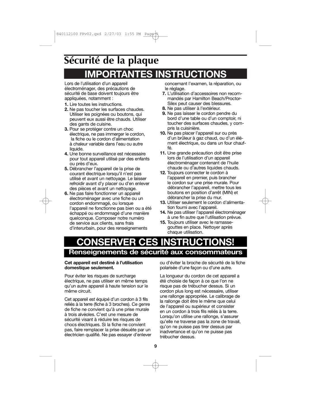 Proctor-Silex 840112100 manual Sécurité de la plaque, Importantes Instructions 