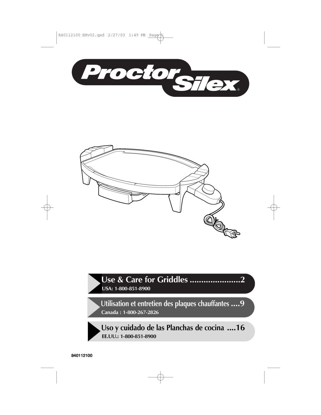 Proctor-Silex 840112100 manual Use & Care for Griddles, Uso y cuidado de las Planchas de cocina, Usa, Canada, Ee.Uu 