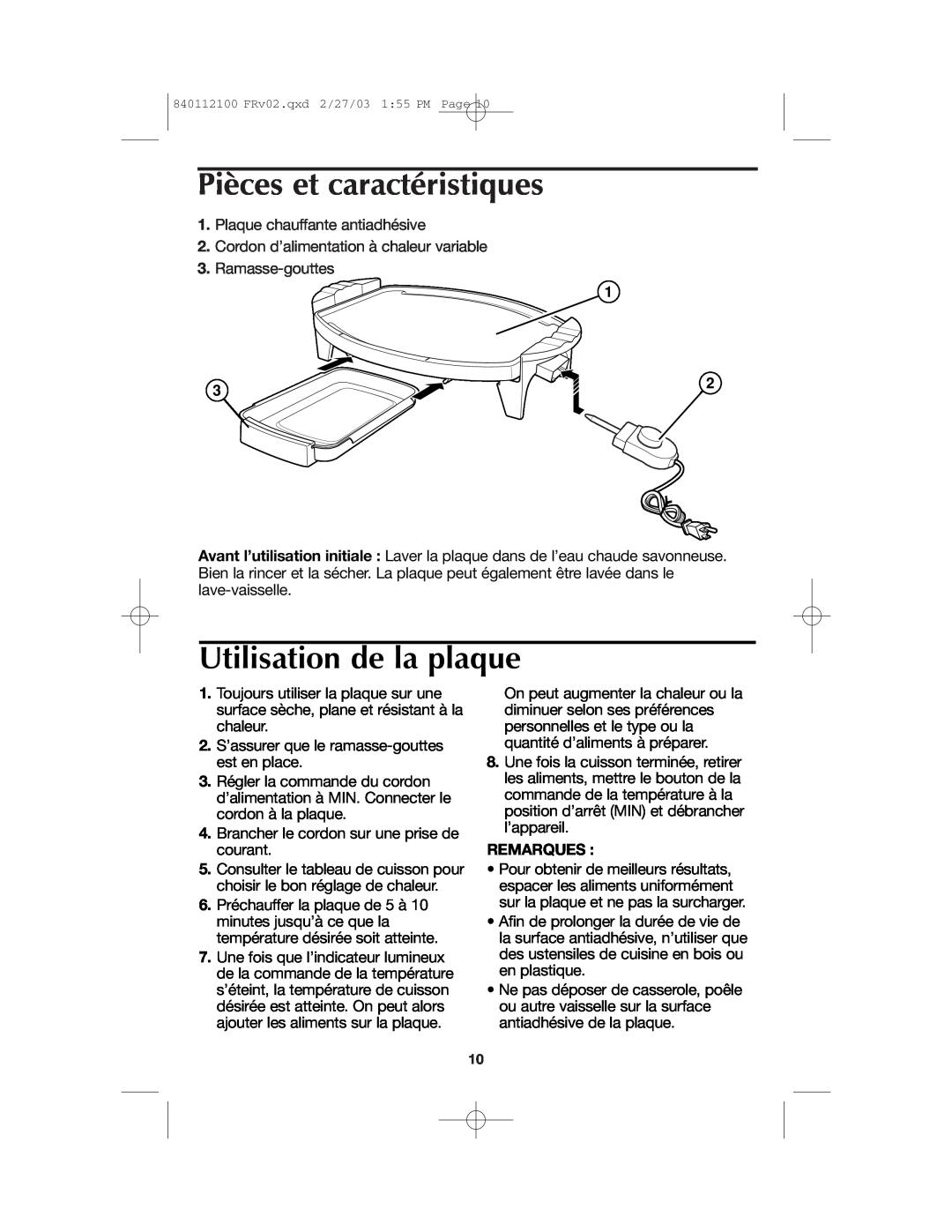 Proctor-Silex 840112100 manual Pièces et caractéristiques, Utilisation de la plaque, Remarques 
