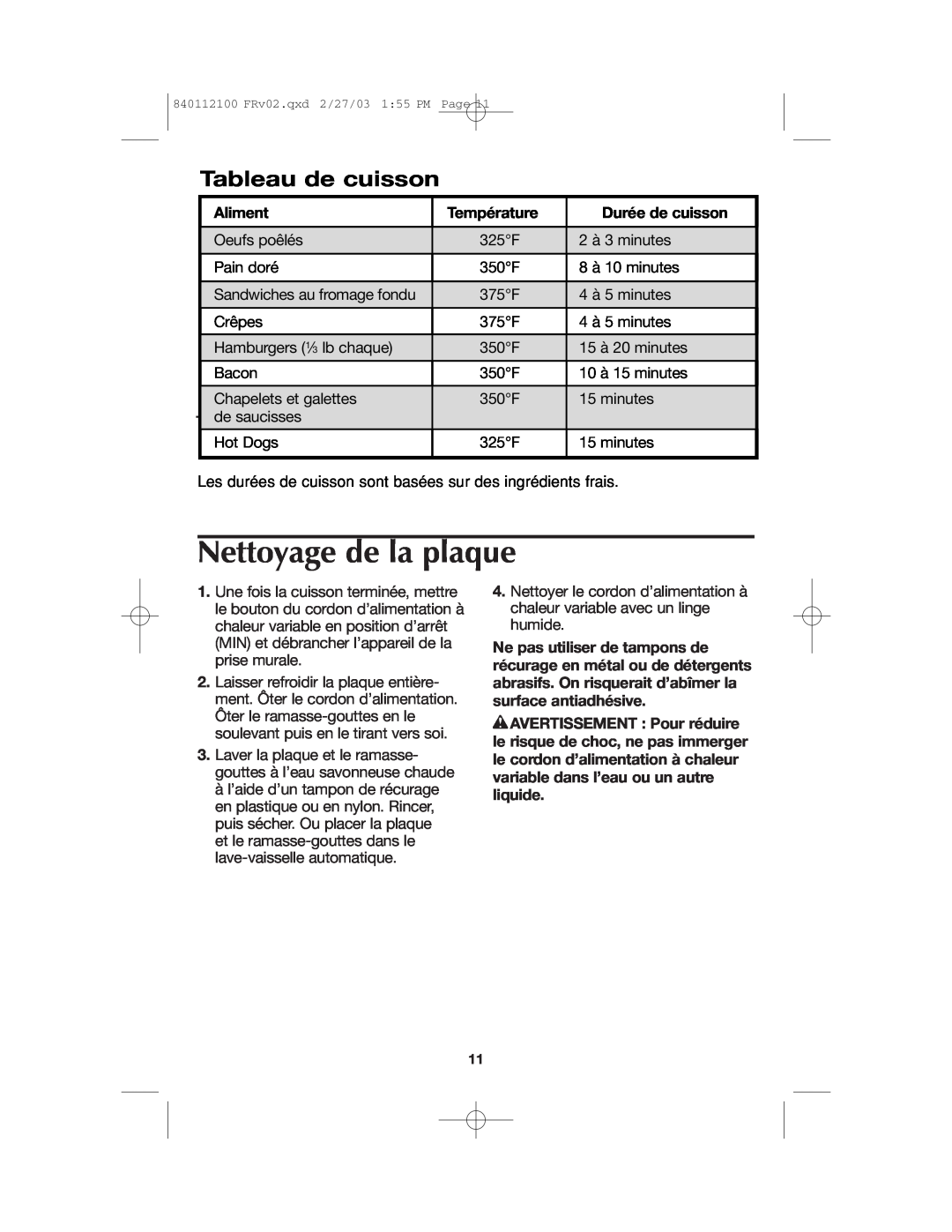 Proctor-Silex 840112100 manual Nettoyage de la plaque, Tableau de cuisson, Aliment, Température, Durée de cuisson 