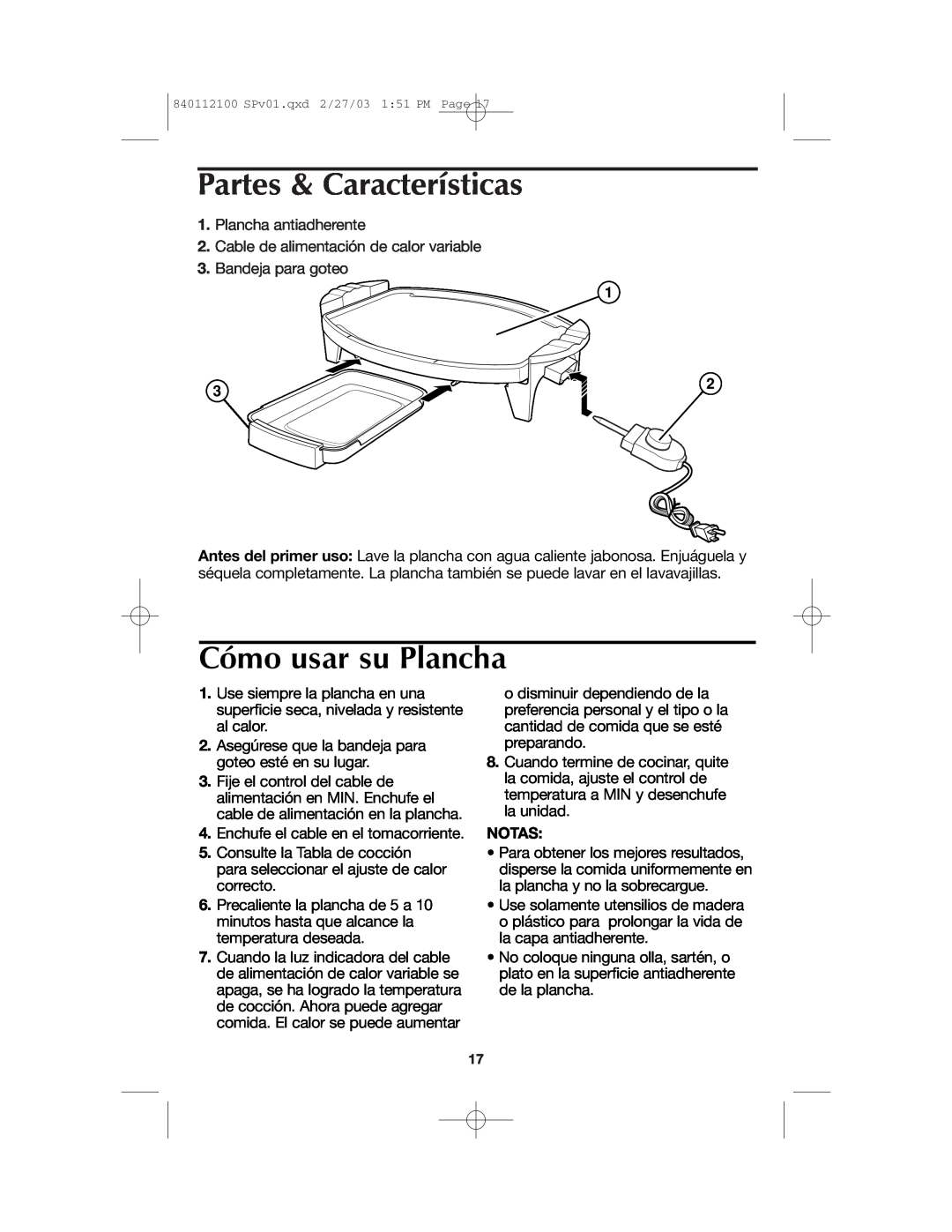 Proctor-Silex 840112100 manual Partes & Características, Cómo usar su Plancha, Notas 