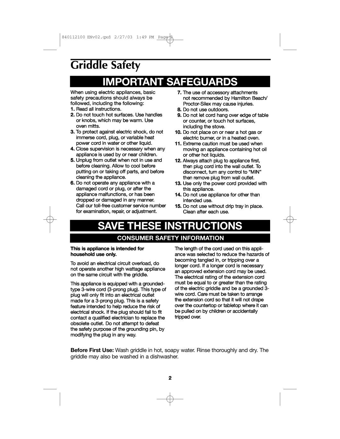 Proctor-Silex 840112100 manual Griddle Safety, Important Safeguards, Save These Instructions, Consumer Safety Information 
