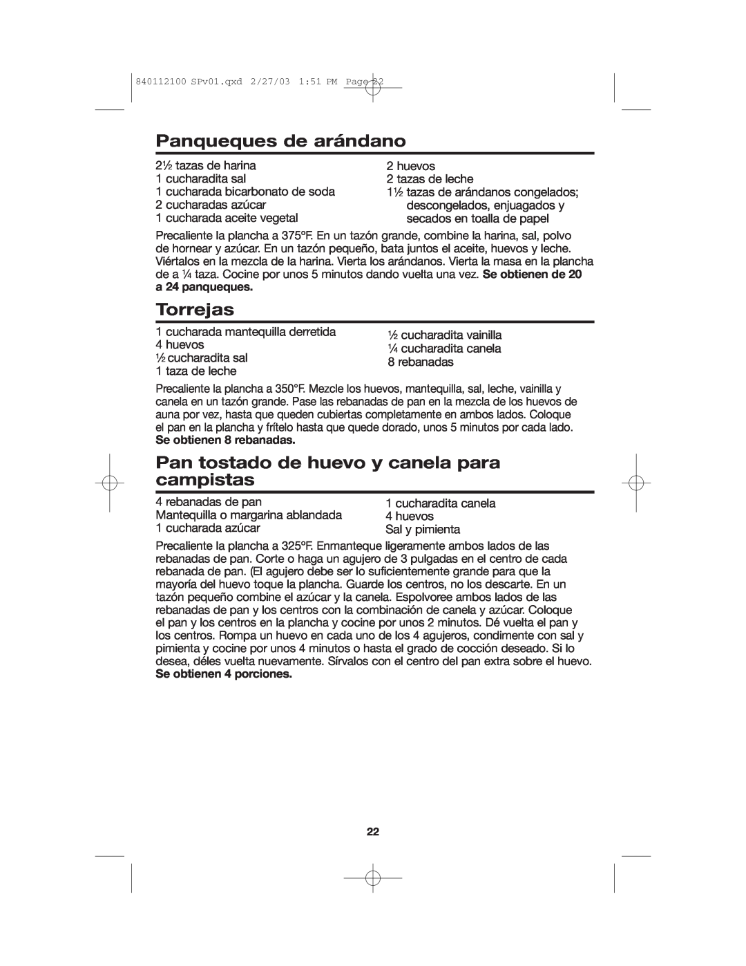 Proctor-Silex 840112100 manual Panqueques de arándano, Torrejas, Pan tostado de huevo y canela para campistas 