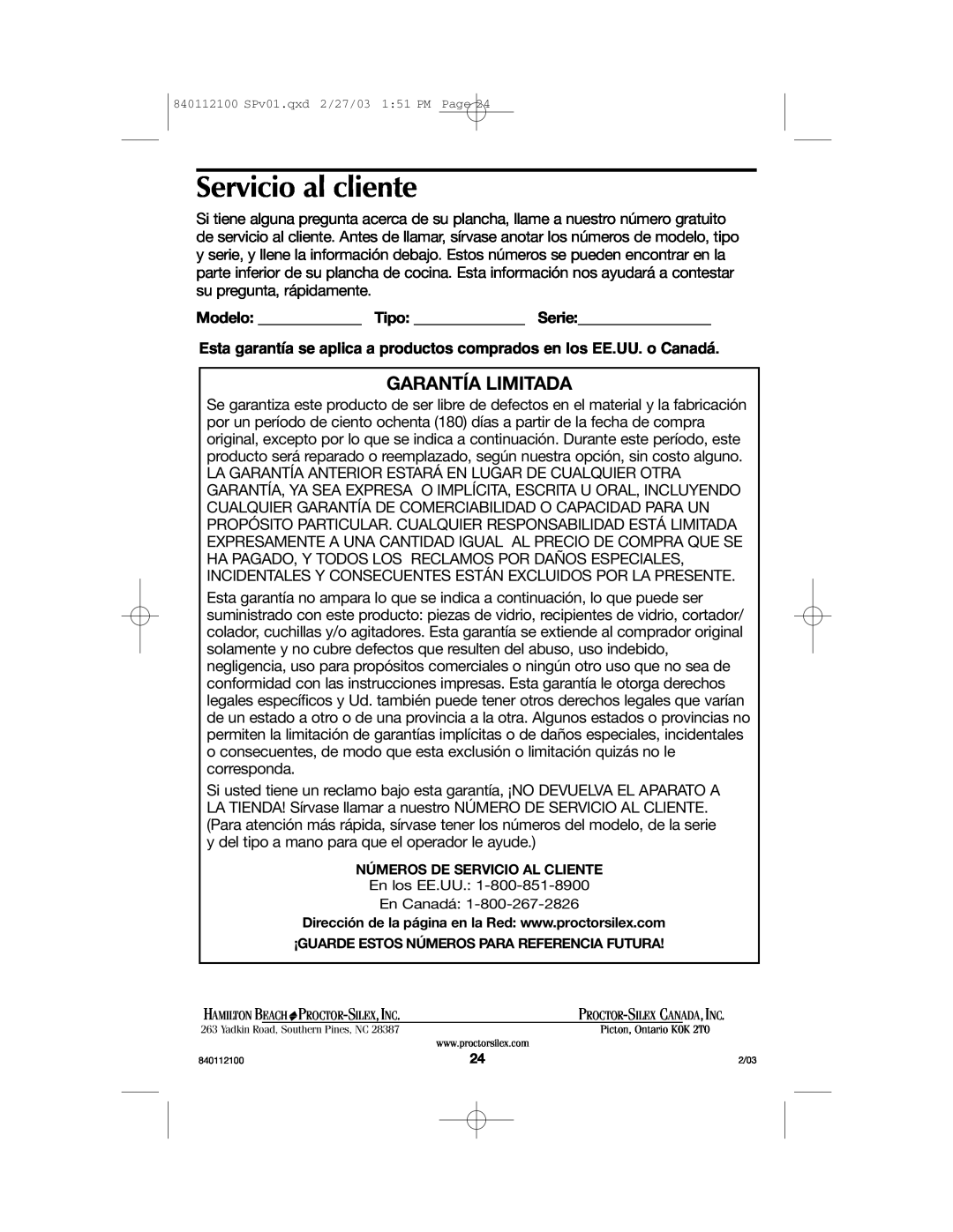 Proctor-Silex 840112100 manual Servicio al cliente, Garantía Limitada 