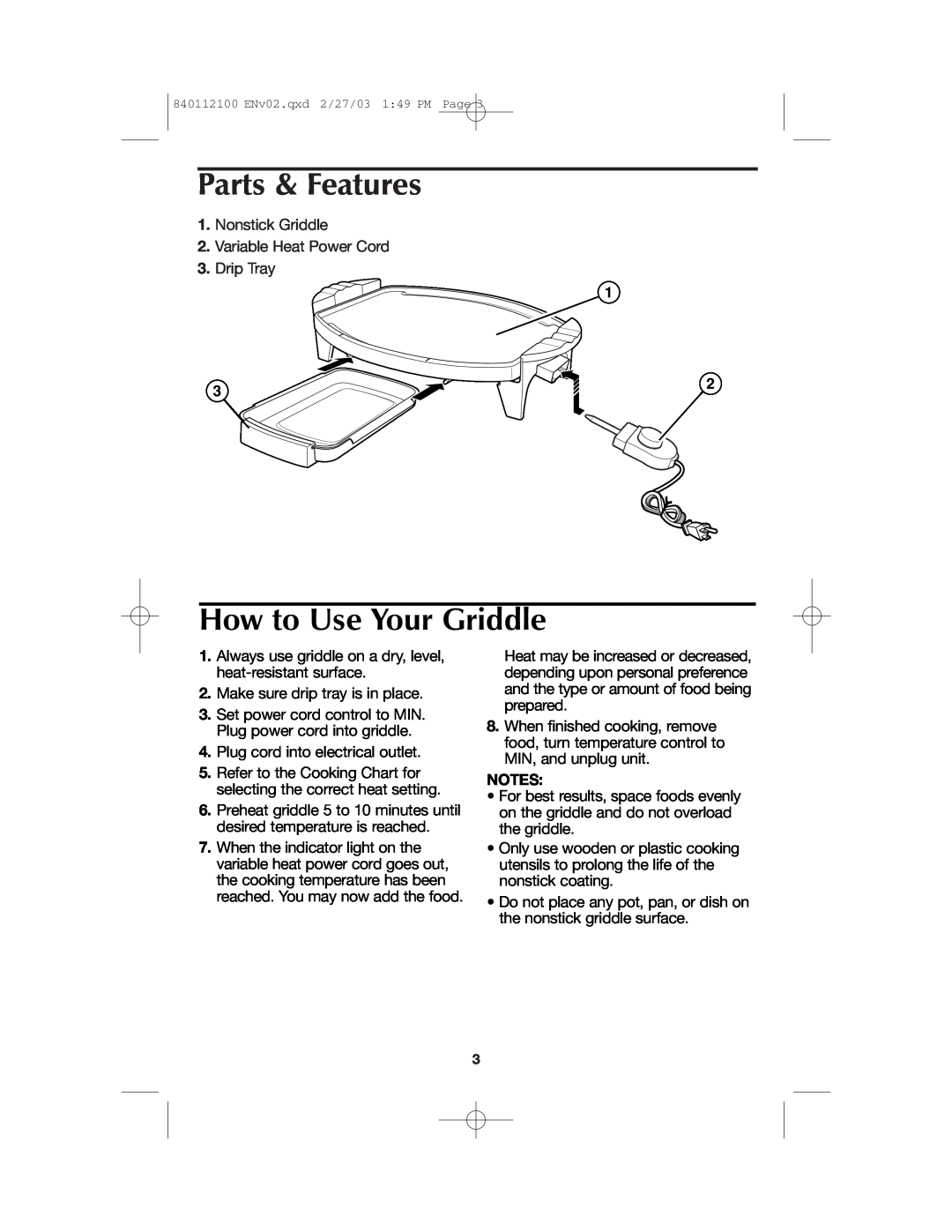 Proctor-Silex 840112100 manual Parts & Features, How to Use Your Griddle 