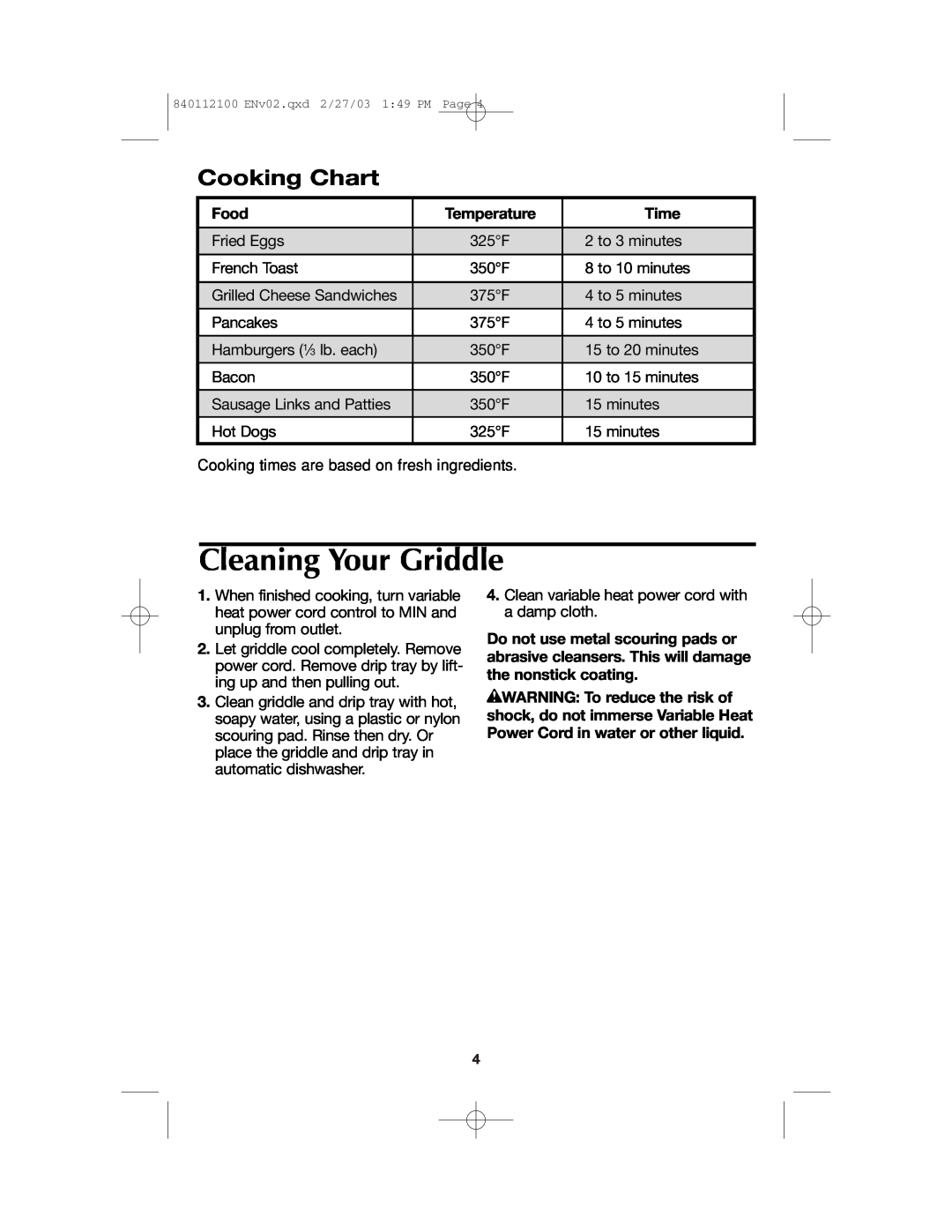 Proctor-Silex 840112100 manual Cleaning Your Griddle, Cooking Chart, Food, Temperature, Time 