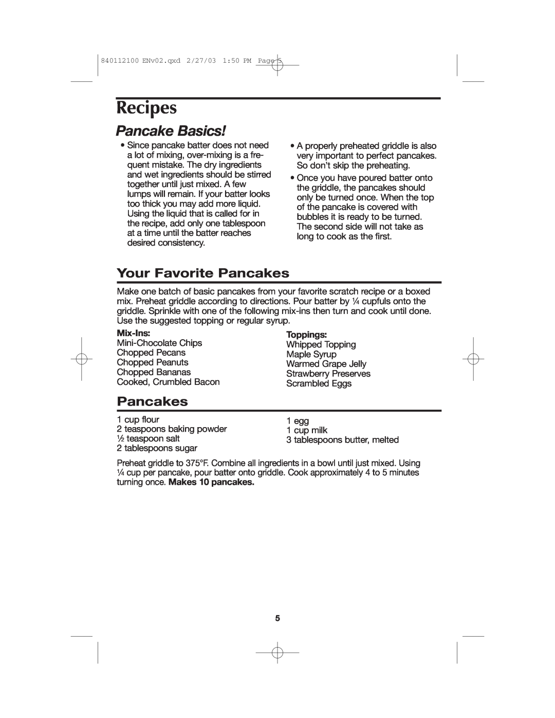 Proctor-Silex 840112100 manual Recipes, Pancake Basics, Your Favorite Pancakes, Mix-Ins, Toppings 
