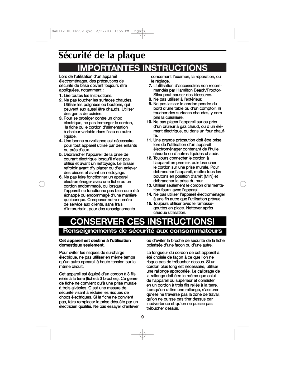 Proctor-Silex 840112100 manual Sécurité de la plaque, Importantes Instructions, Conserver Ces Instructions 