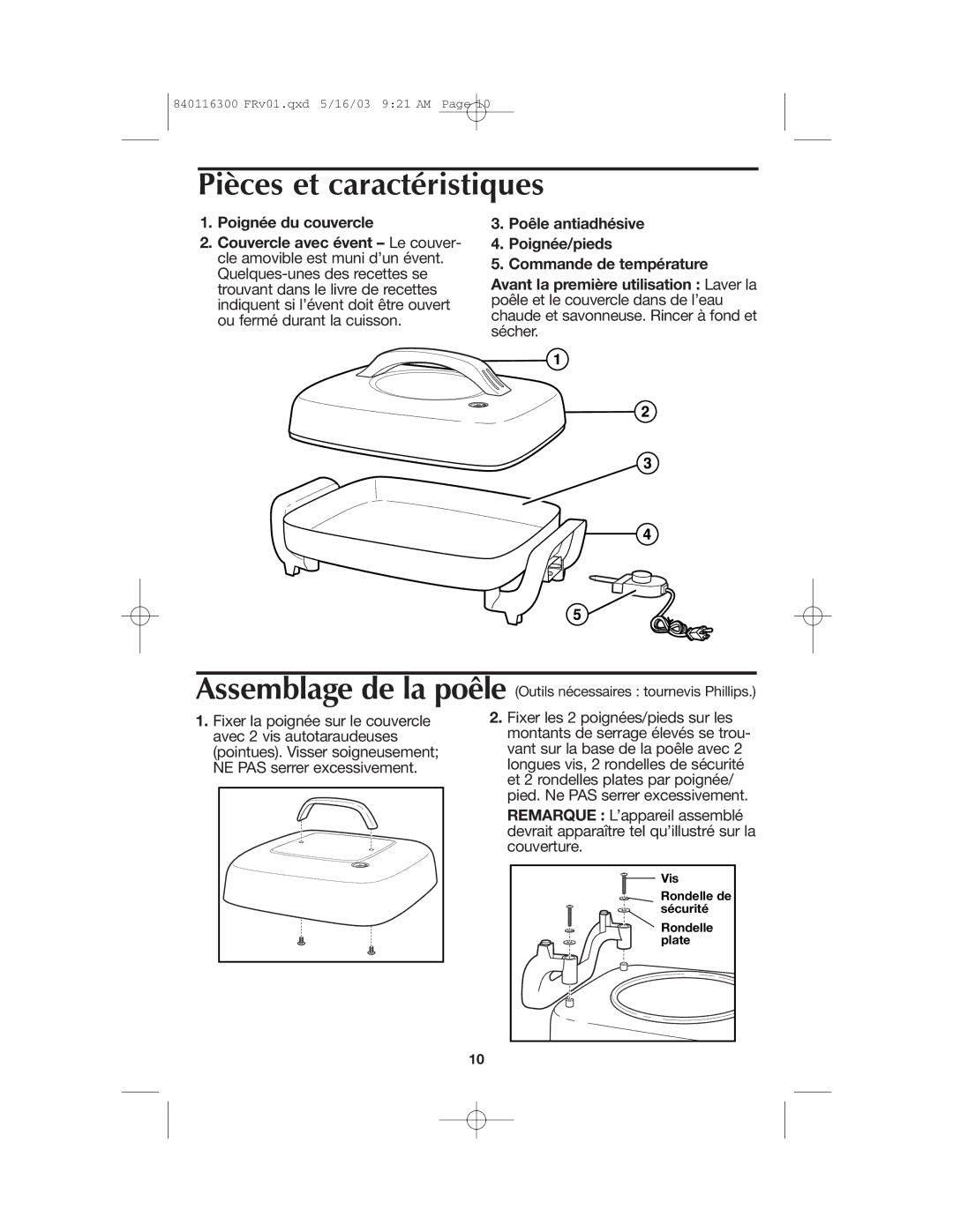 Proctor-Silex 840116300 manual Pièces et caractéristiques 