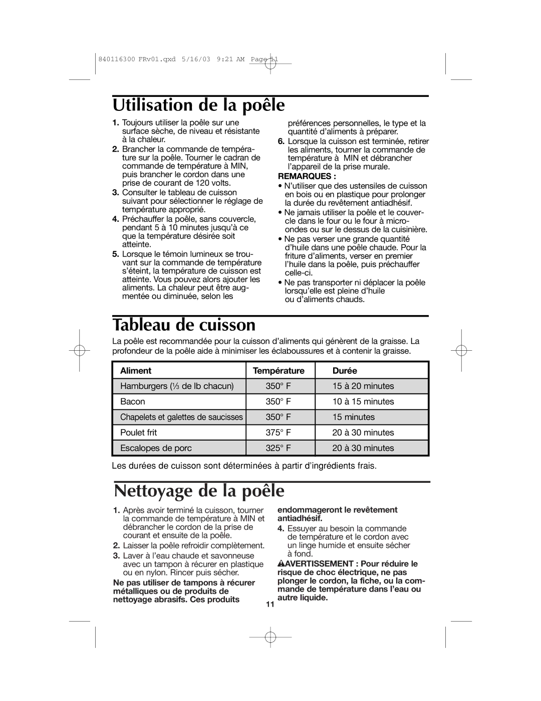 Proctor-Silex 840116300 Utilisation de la poêle, Tableau de cuisson, Nettoyage de la poêle, Aliment Température Durée 