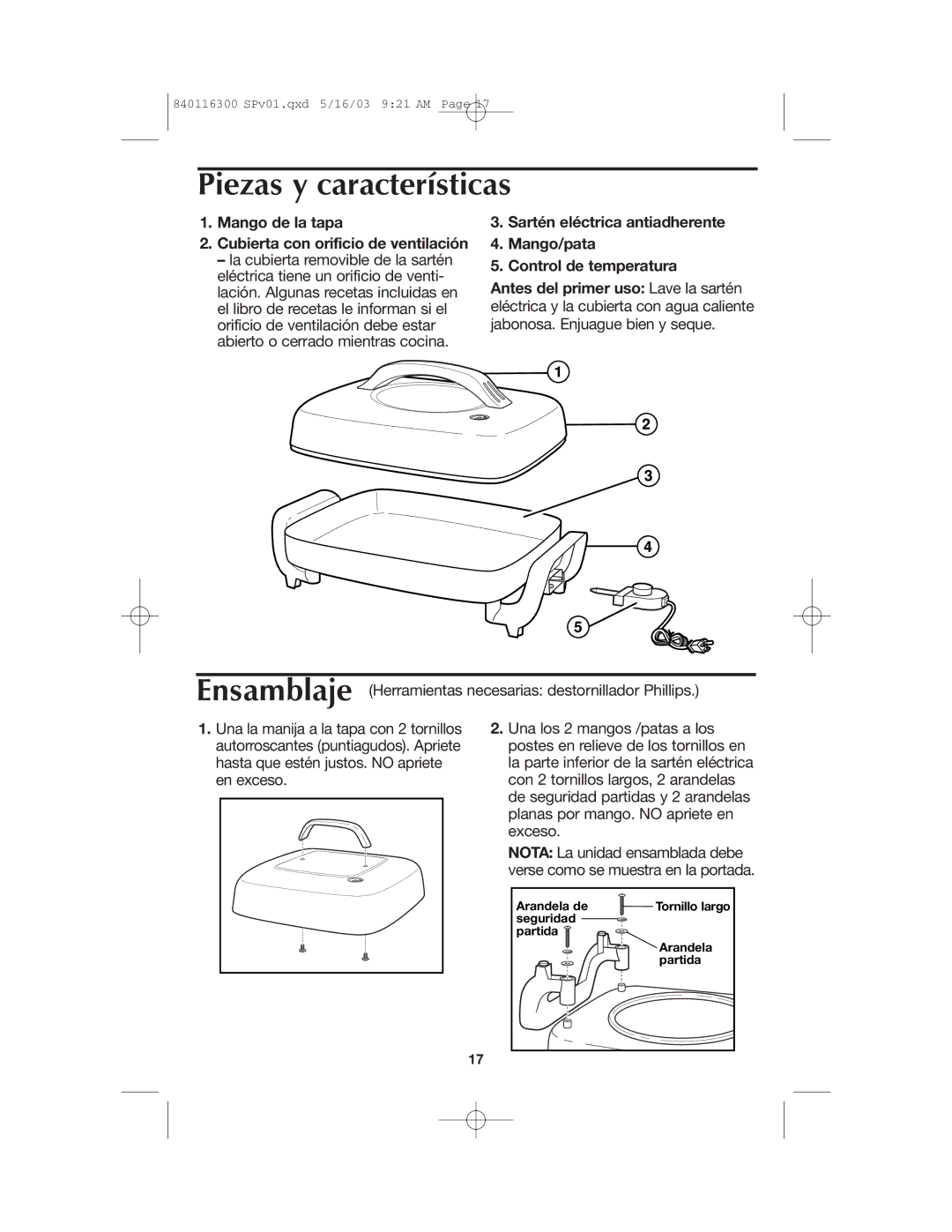 Proctor-Silex 840116300 manual Piezas y características, Mango de la tapa Cubierta con orificio de ventilación 