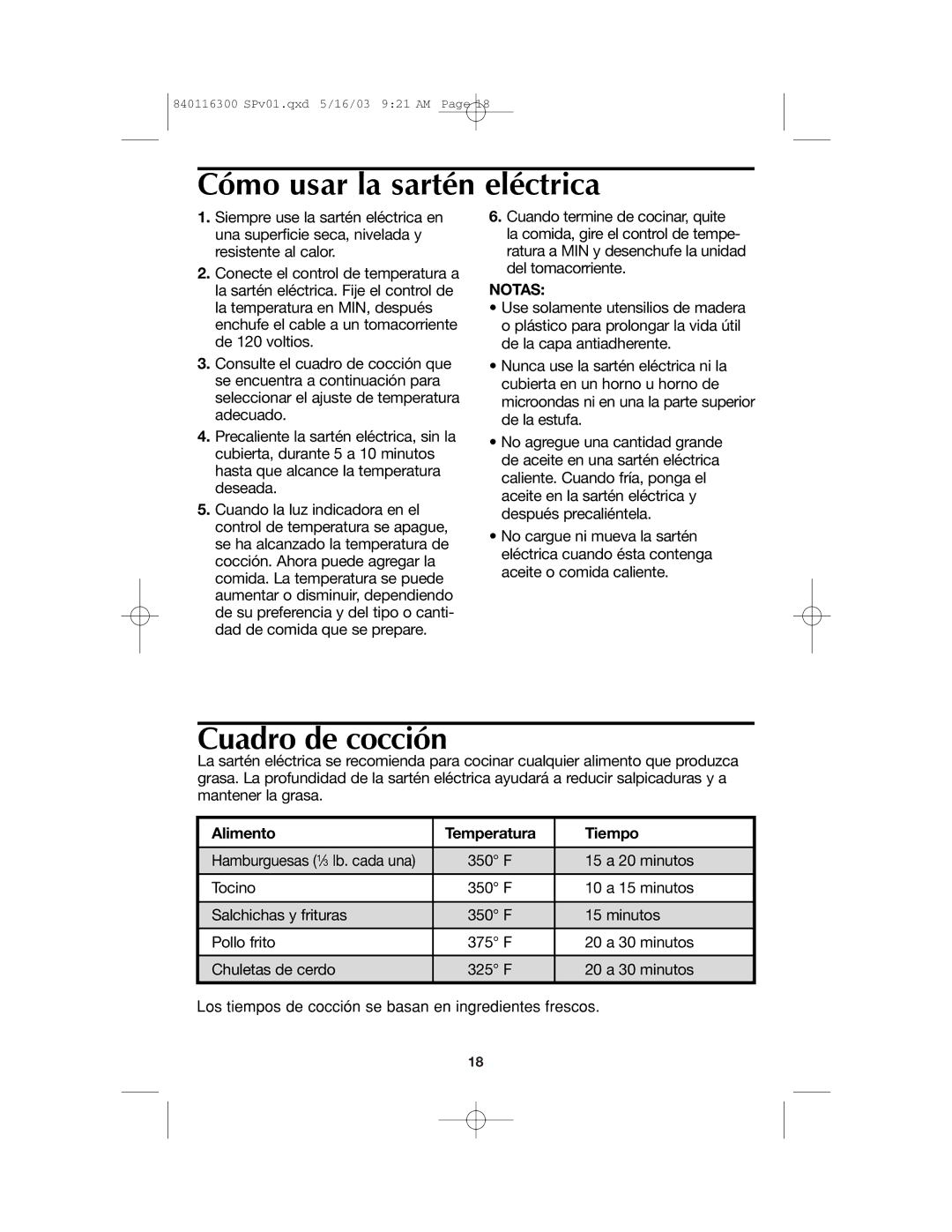 Proctor-Silex 840116300 manual Cómo usar la sartén eléctrica, Cuadro de cocción, Alimento Temperatura Tiempo 