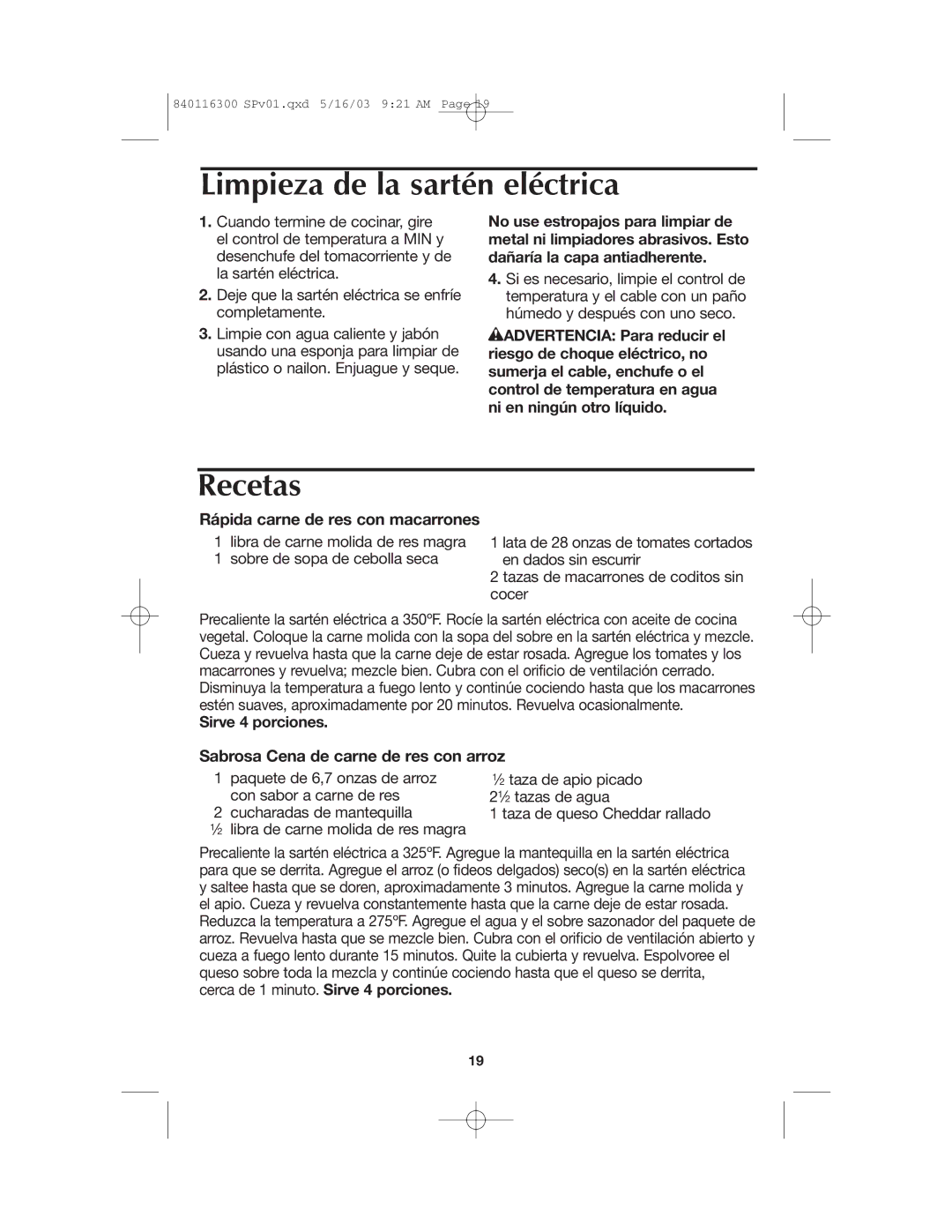 Proctor-Silex 840116300 manual Limpieza de la sartén eléctrica, Recetas, Sabrosa Cena de carne de res con arroz 