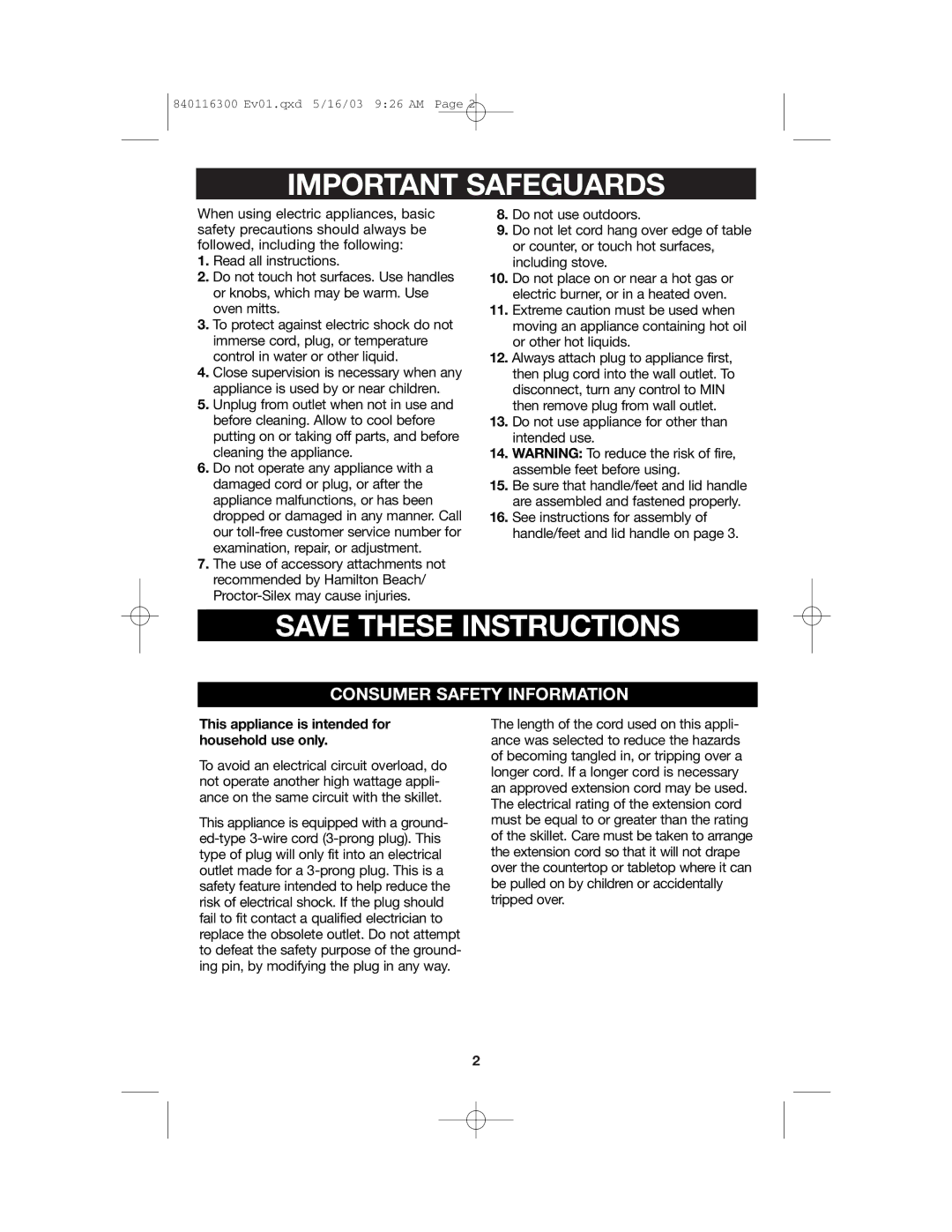 Proctor-Silex 840116300 manual Important Safeguards 