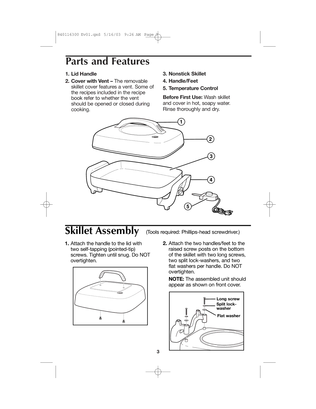 Proctor-Silex 840116300 manual Parts and Features 