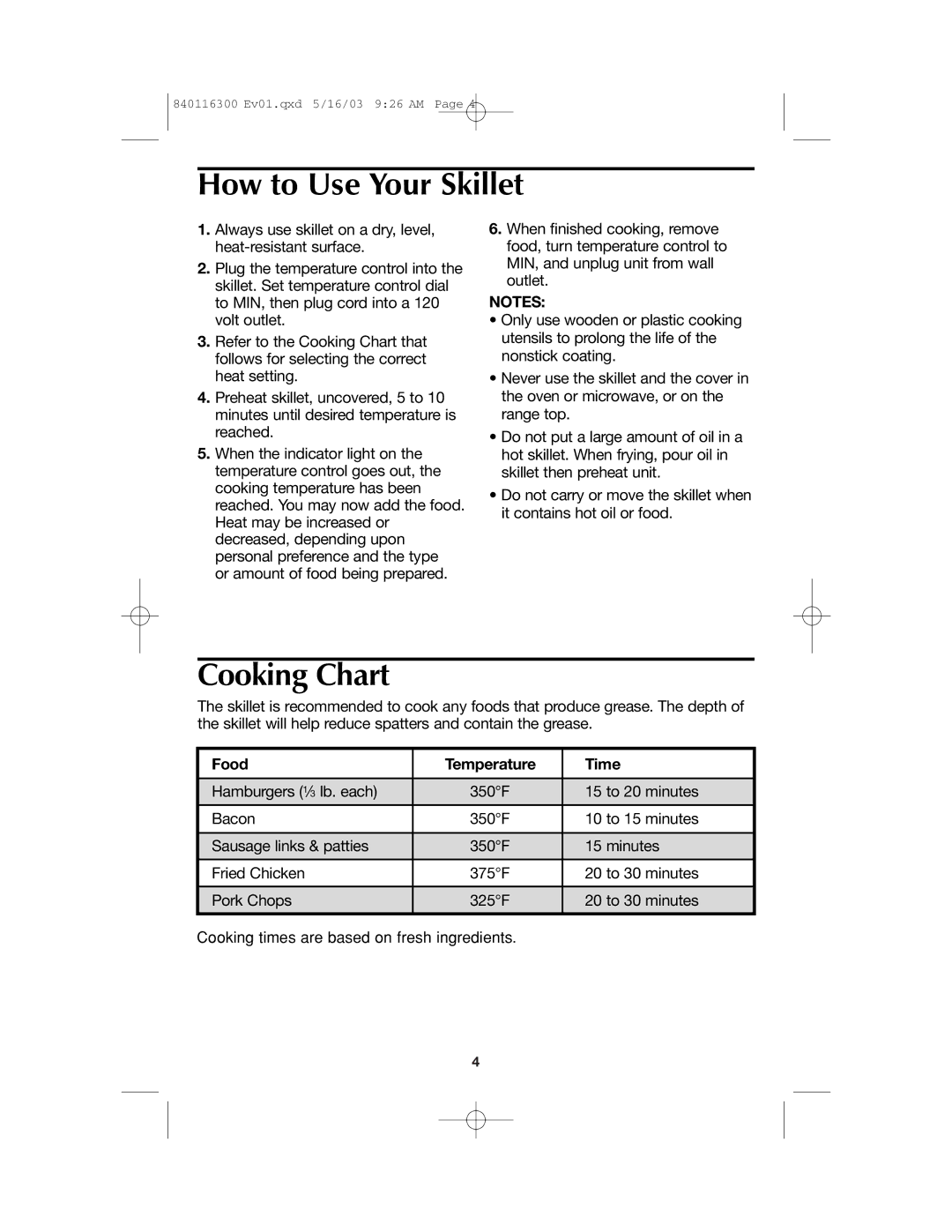 Proctor-Silex 840116300 manual How to Use Your Skillet, Cooking Chart, Food Temperature Time 