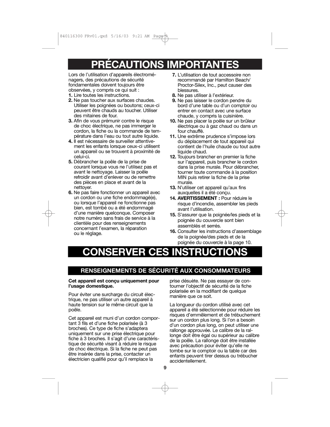 Proctor-Silex 840116300 manual Précautions Importantes 