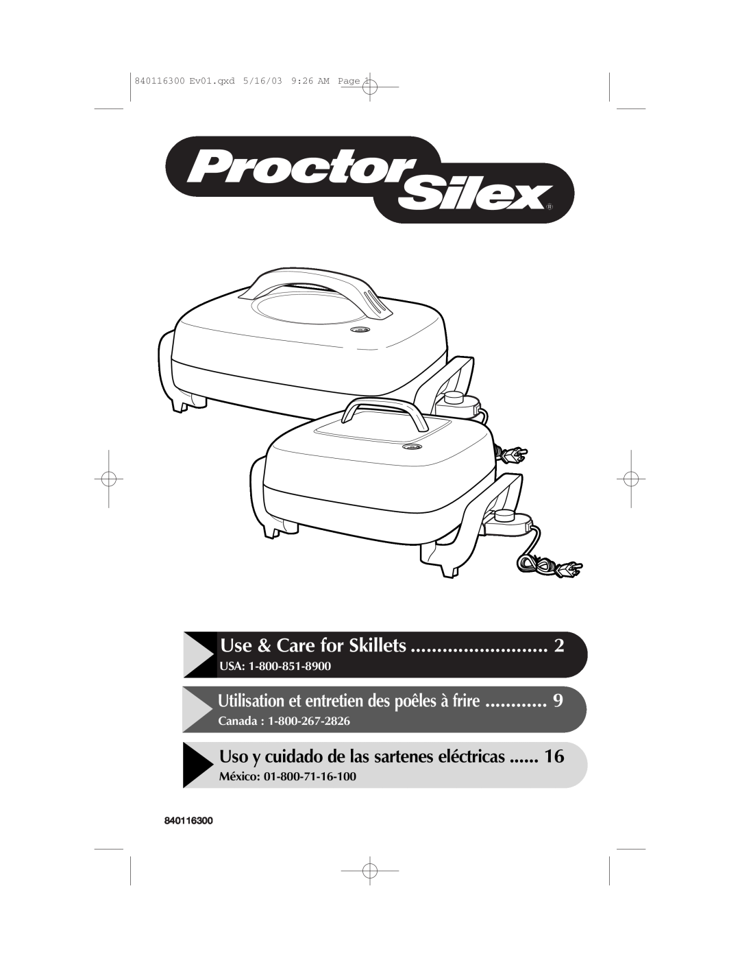 Proctor-Silex 840116300 manual Use & Care for Skillets, Uso y cuidado de las sartenes eléctricas, Usa, Canada, México 