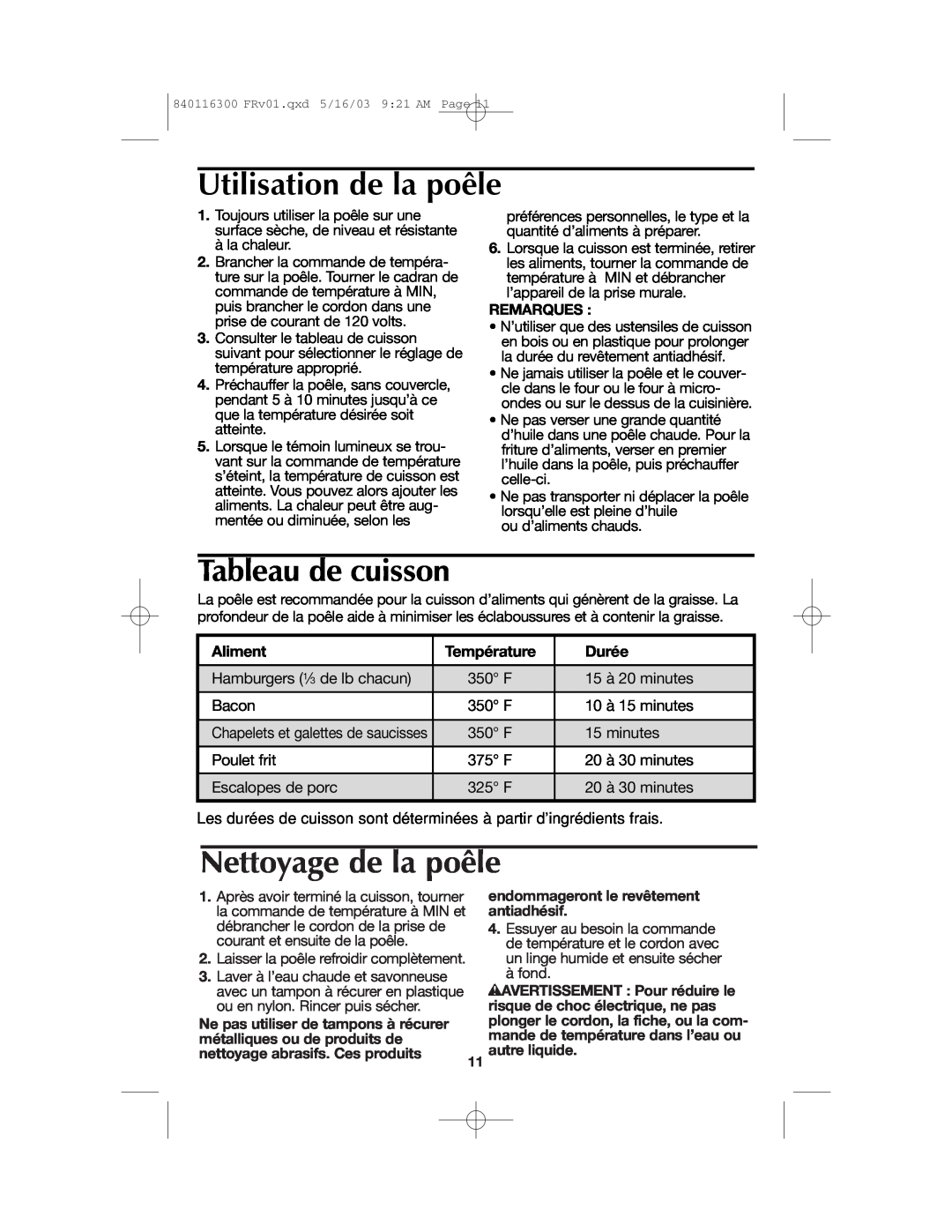 Proctor-Silex 840116300 Utilisation de la poêle, Tableau de cuisson, Nettoyage de la poêle, Remarques, Aliment, Durée 