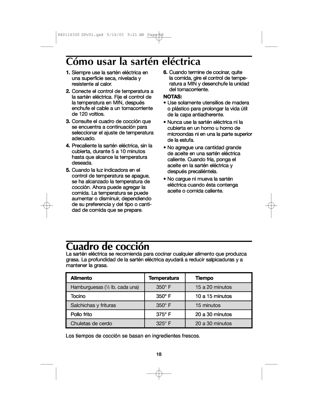 Proctor-Silex 840116300 manual Cómo usar la sartén eléctrica, Cuadro de cocción, Notas, Alimento, Temperatura, Tiempo 