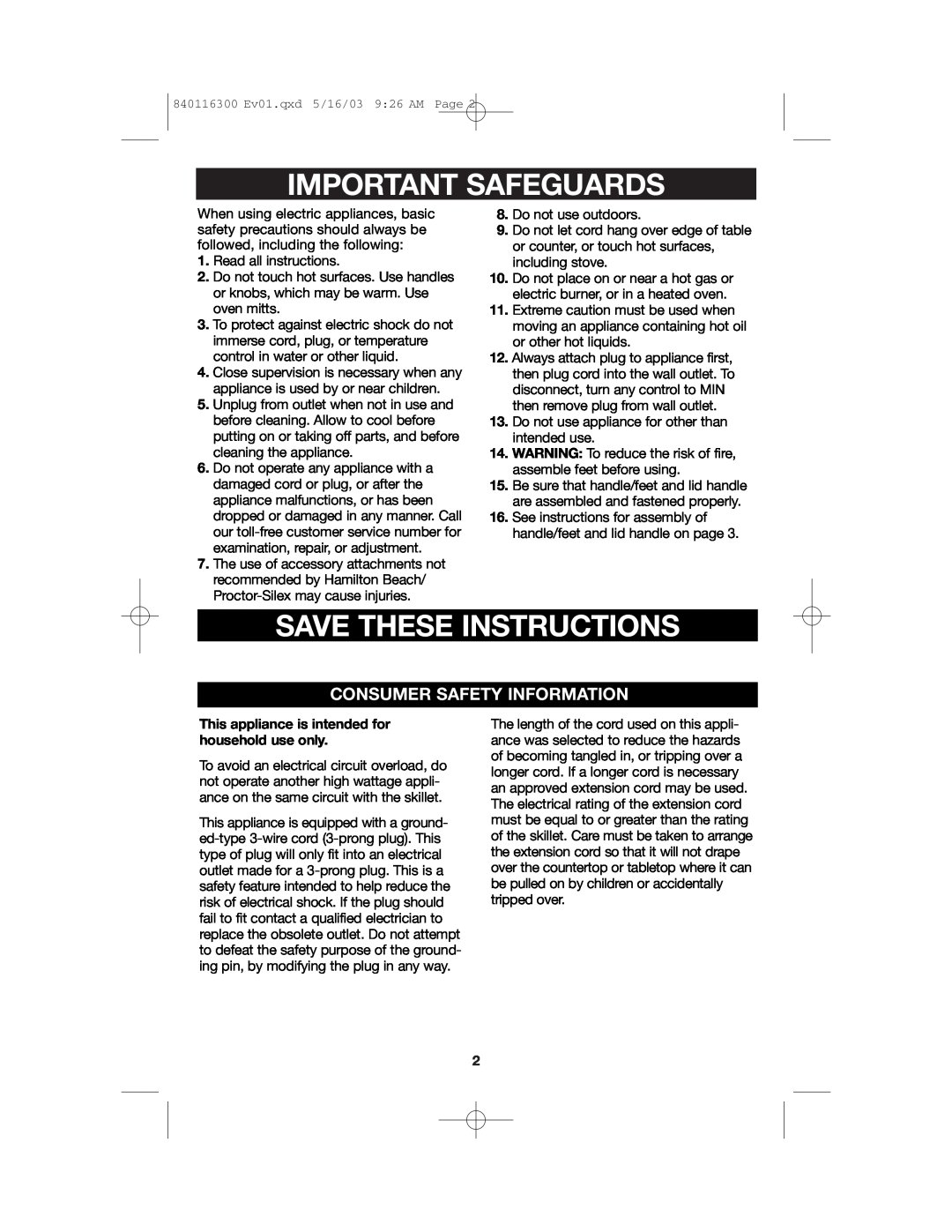 Proctor-Silex 840116300 manual Important Safeguards, Save These Instructions, Consumer Safety Information 