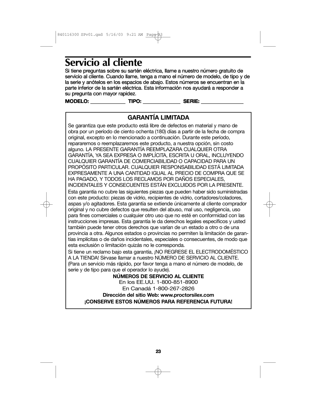Proctor-Silex 840116300 manual Servicio al cliente, Garantía Limitada, Números De Servicio Al Cliente 