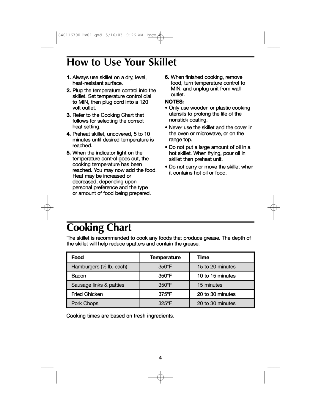 Proctor-Silex 840116300 manual How to Use Your Skillet, Cooking Chart, Food, Temperature, Time 