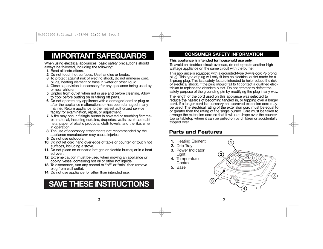 Proctor-Silex 840125400 manual Parts and Features, This appliance is intended for household use only 