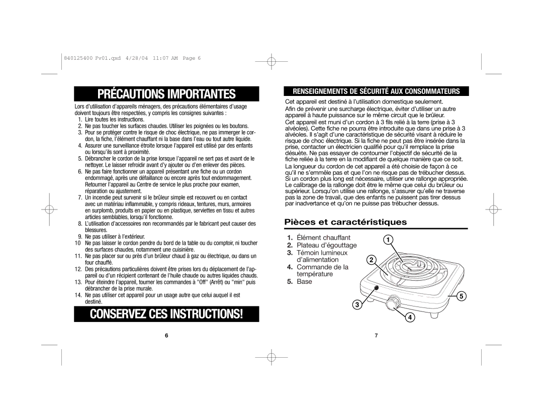 Proctor-Silex 840125400 manual Précautions Importantes, Pièces et caractéristiques 