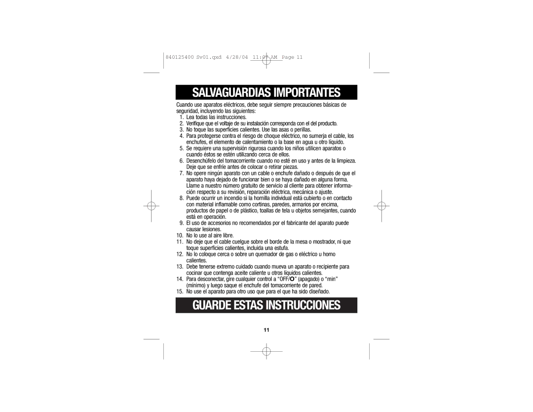 Proctor-Silex 840125400 manual Salvaguardias Importantes 