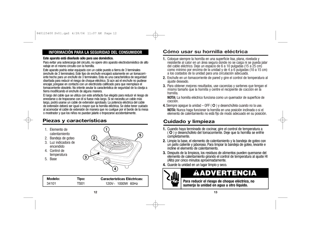 Proctor-Silex 840125400 manual Wadvertencia, Piezas y características, Cómo usar su hornilla eléctrica, Cuidado y limpieza 