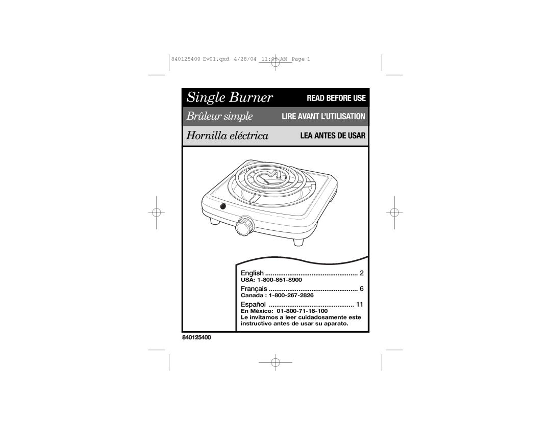 Proctor-Silex 840125400 manual Read Before Use Lire Avant L’Utilisation, Single Burner, Brûleur simple, Hornilla eléctrica 