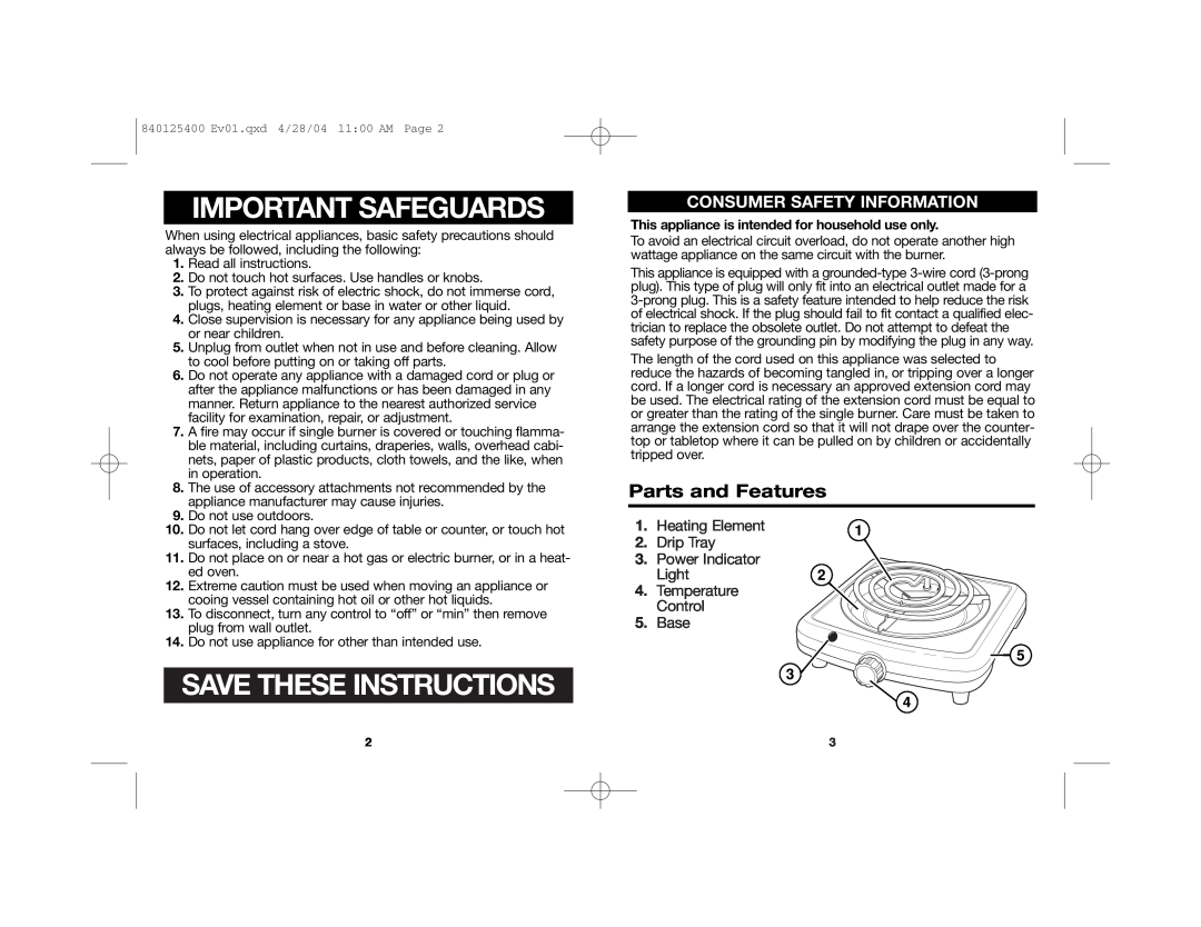 Proctor-Silex 840125400 Important Safeguards, Save These Instructions, Parts and Features, Consumer Safety Information 