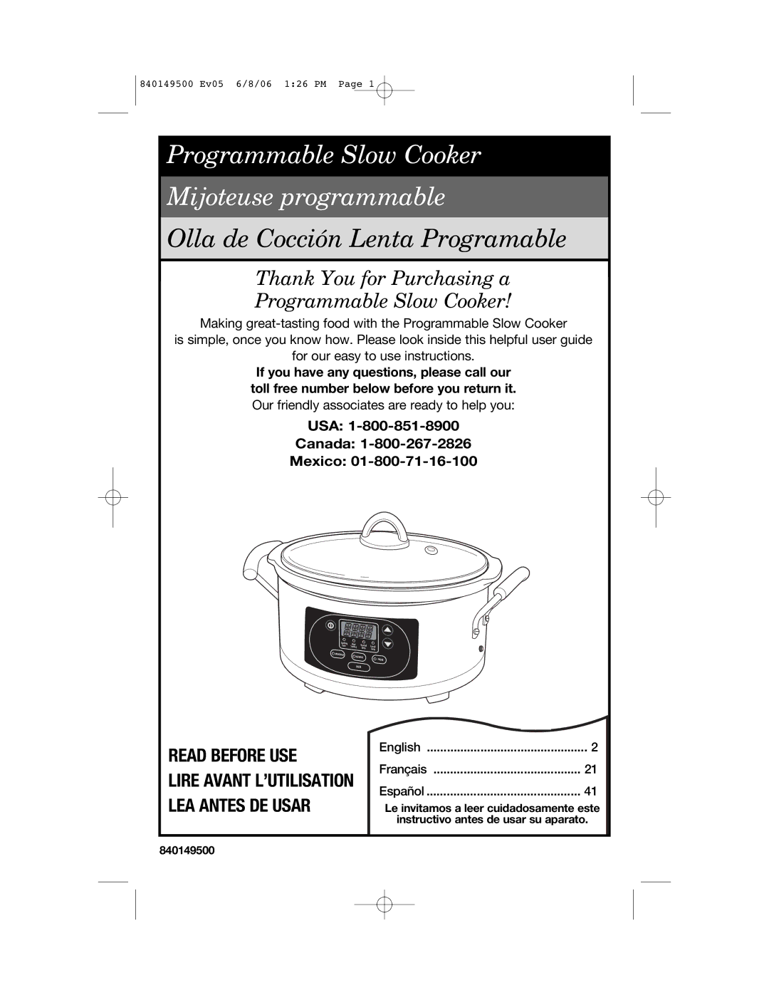 Proctor-Silex 840149500 manual Programmable Slow Cooker Mijoteuse programmable 