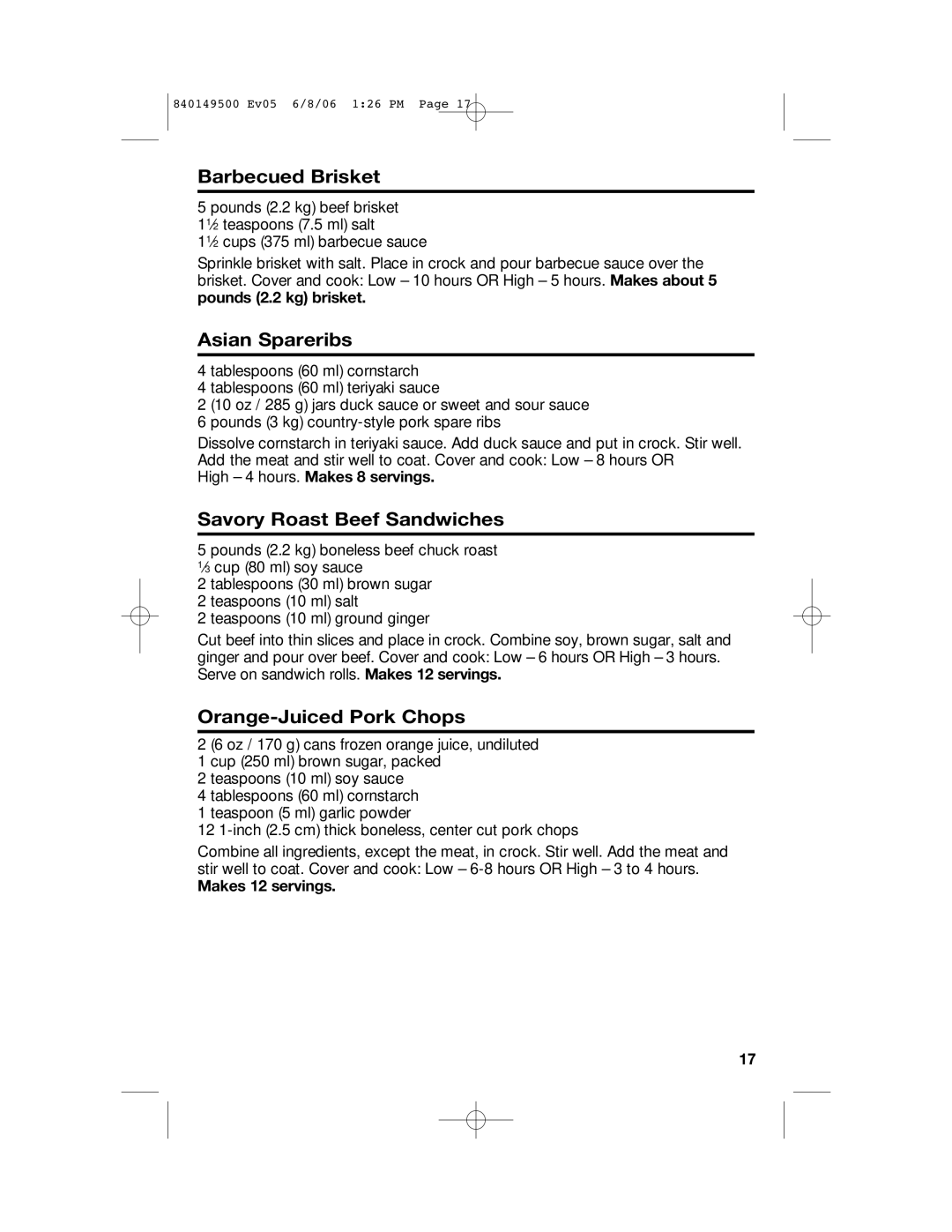 Proctor-Silex 840149500 manual Barbecued Brisket, Asian Spareribs, Savory Roast Beef Sandwiches, Orange-Juiced Pork Chops 