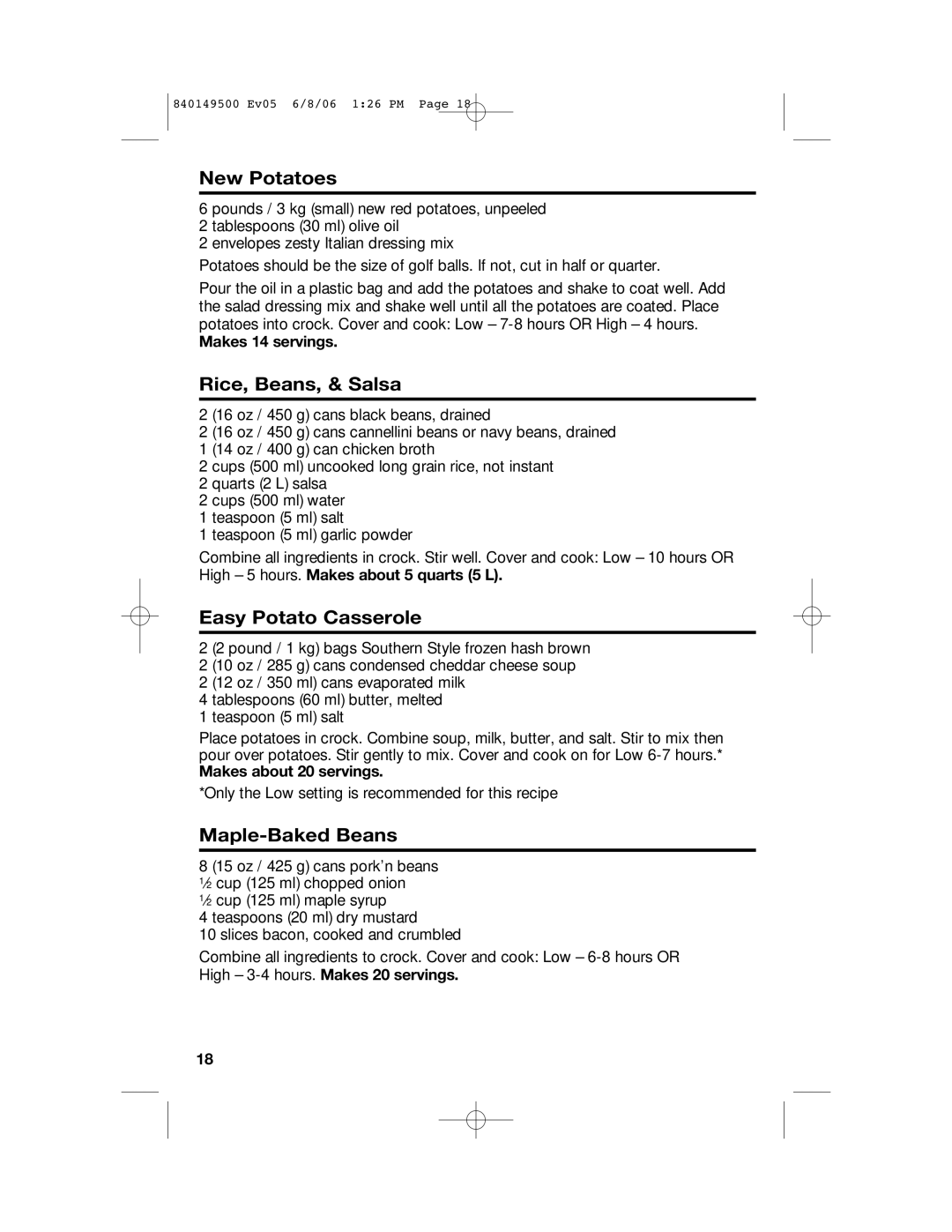 Proctor-Silex 840149500 manual New Potatoes, Rice, Beans, & Salsa, Easy Potato Casserole, Maple-Baked Beans 