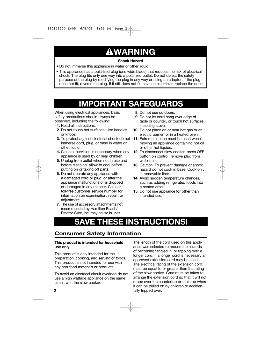 Proctor-Silex 840149500 manual Wwarning, Consumer Safety Information 