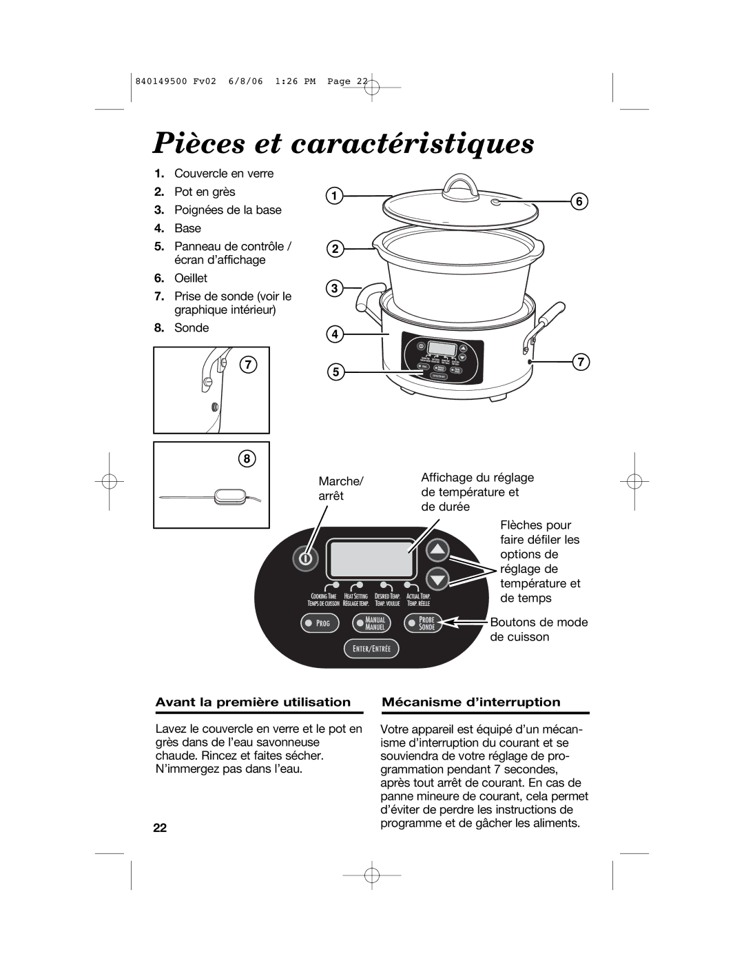 Proctor-Silex 840149500 manual Pièces et caractéristiques, Avant la première utilisation 