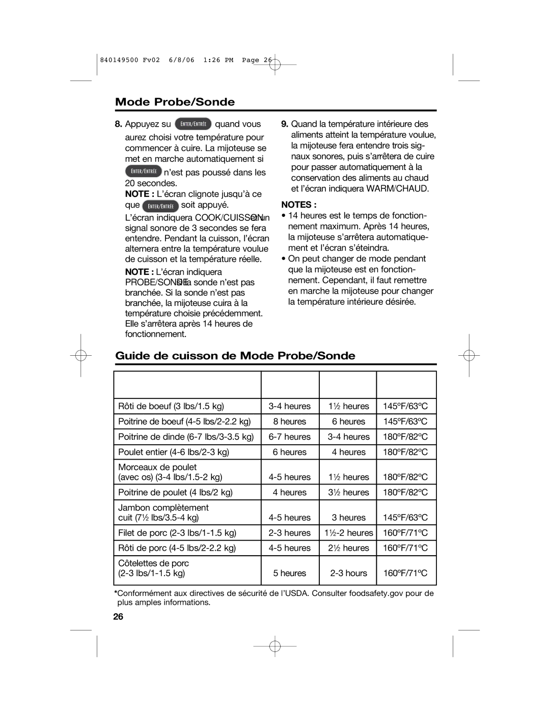 Proctor-Silex 840149500 manual Guide de cuisson de Mode Probe/Sonde, POIDS/ALIMENT Temps 