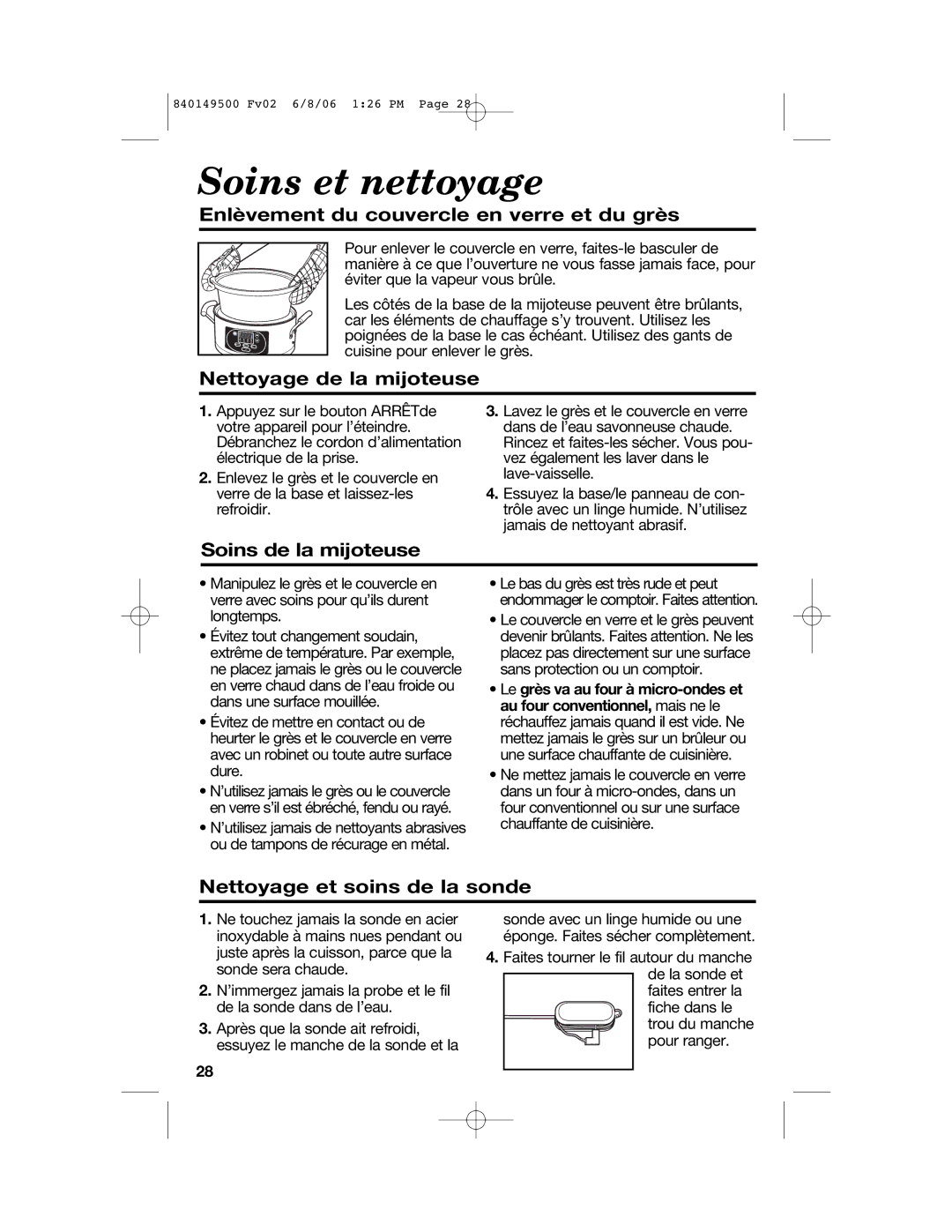 Proctor-Silex 840149500 manual Soins et nettoyage, Enlèvement du couvercle en verre et du grès, Nettoyage de la mijoteuse 