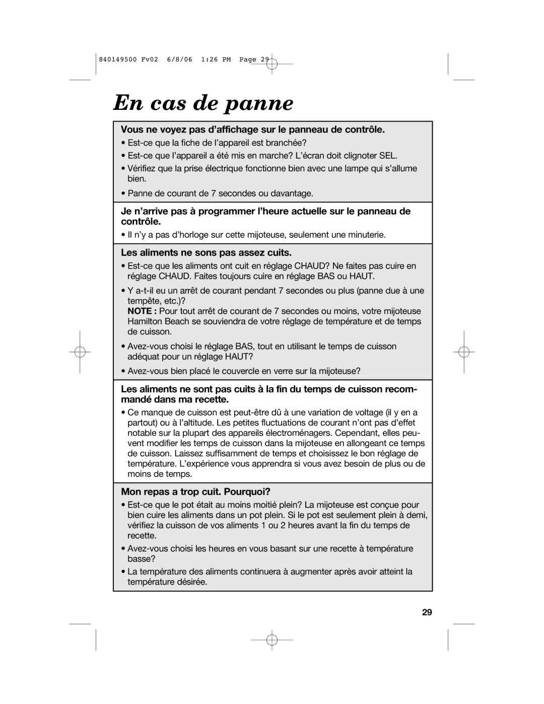 Proctor-Silex 840149500 manual En cas de panne, Vous ne voyez pas d’affichage sur le panneau de contrôle 