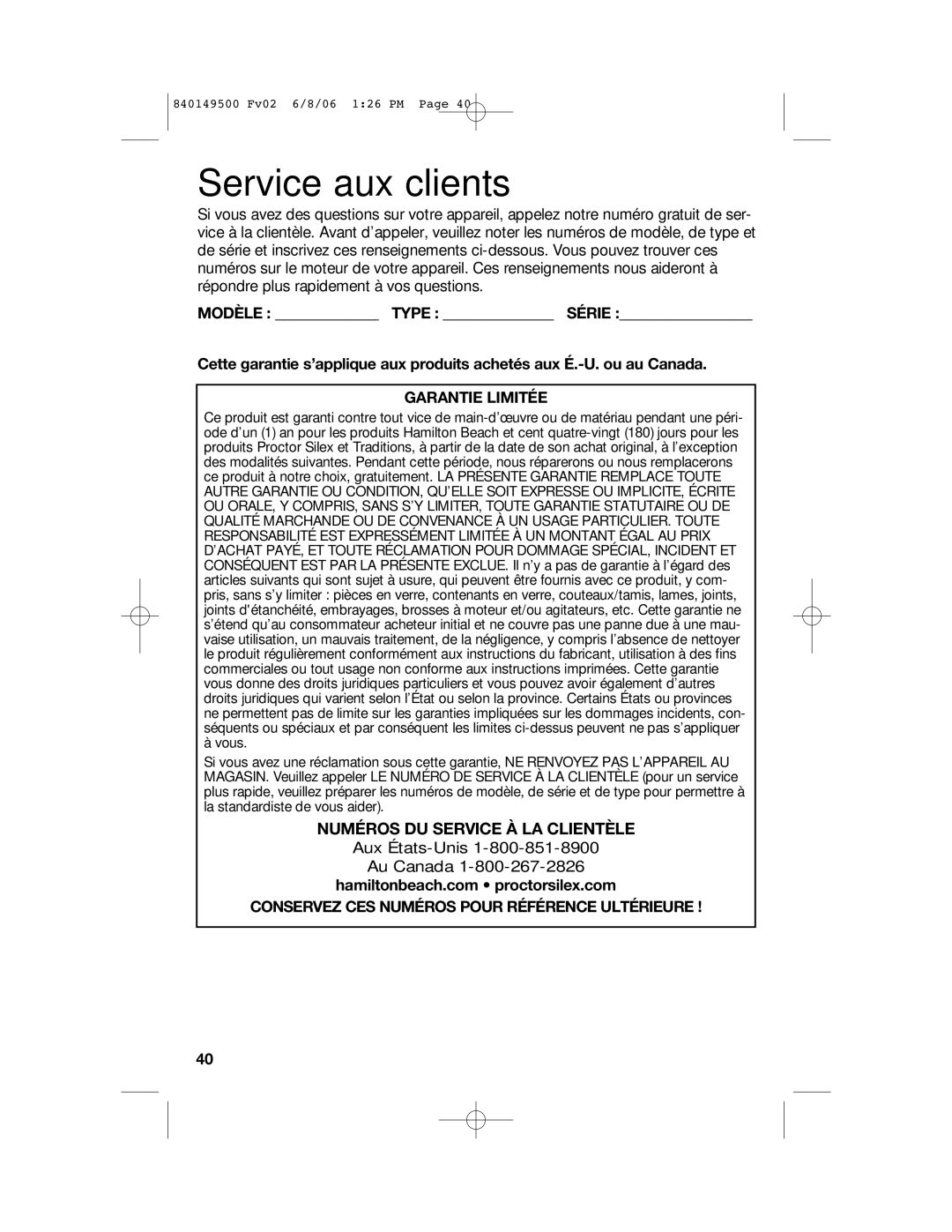 Proctor-Silex 840149500 manual Service aux clients, Garantie Limitée 