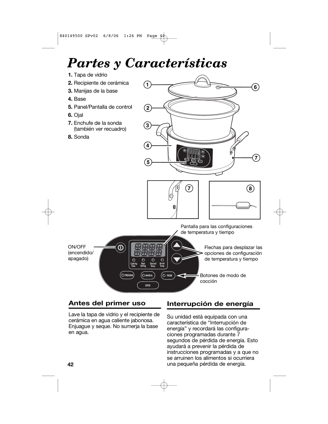 Proctor-Silex 840149500 manual Partes y Características, Antes del primer uso, Interrupción de energía 